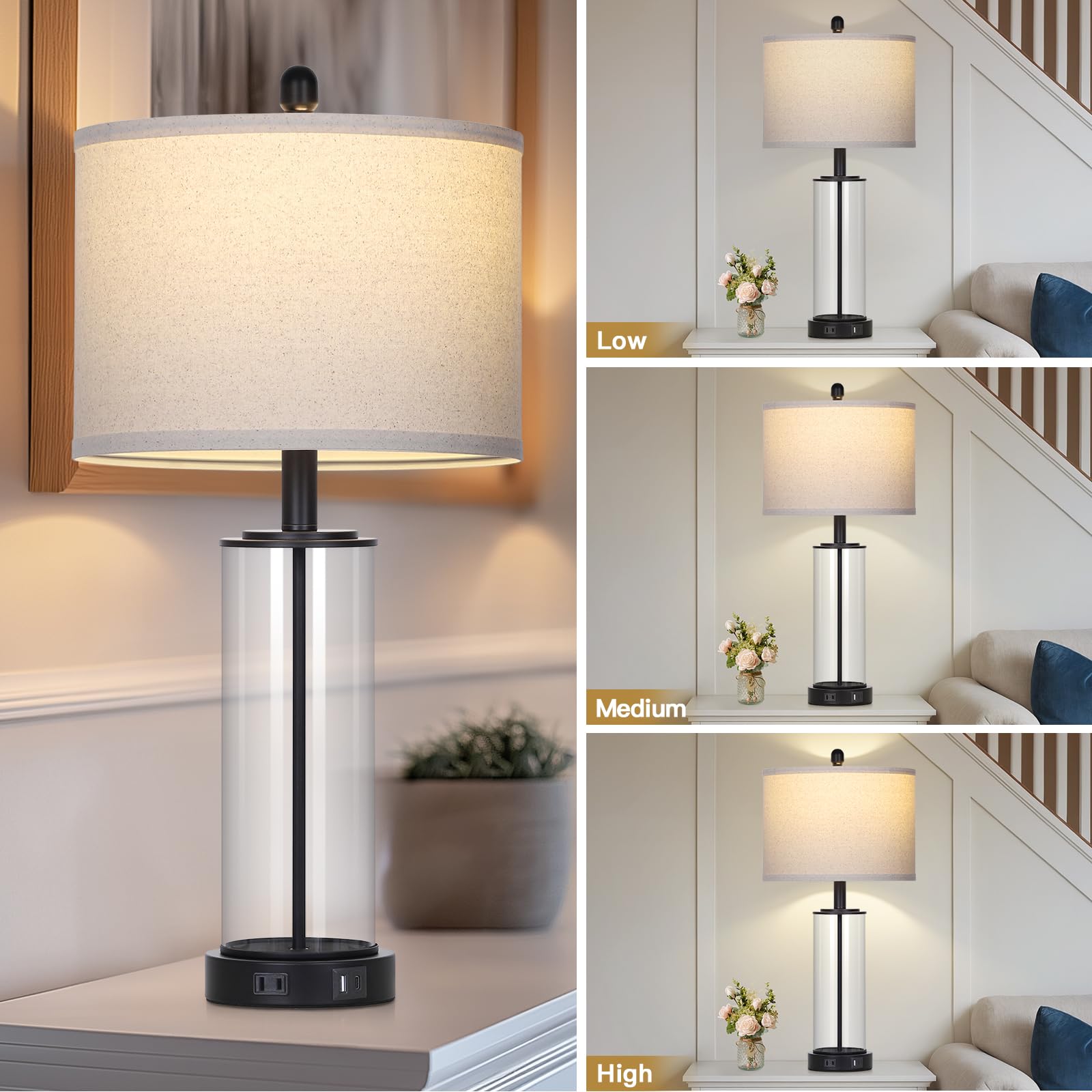 26'' Black Glass Table Lamps Set Of 2, 3-Way Dimmable Touch Control Living Room Lamp With Usb C+A Ports & Ac Outlet, Modern Beds