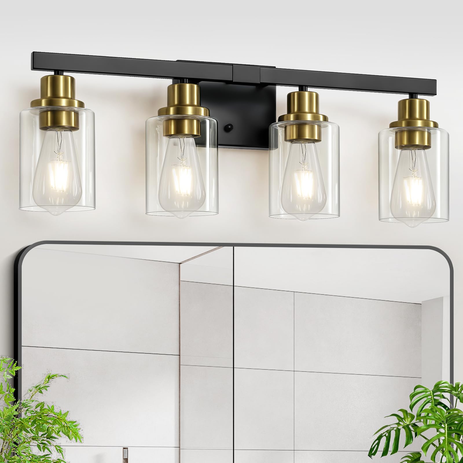 DIKAIDA Bathroom Vanity Light 4-Light Black & Gold Metal Fixture with Clear Glass Shade, Model BLBD-G-4