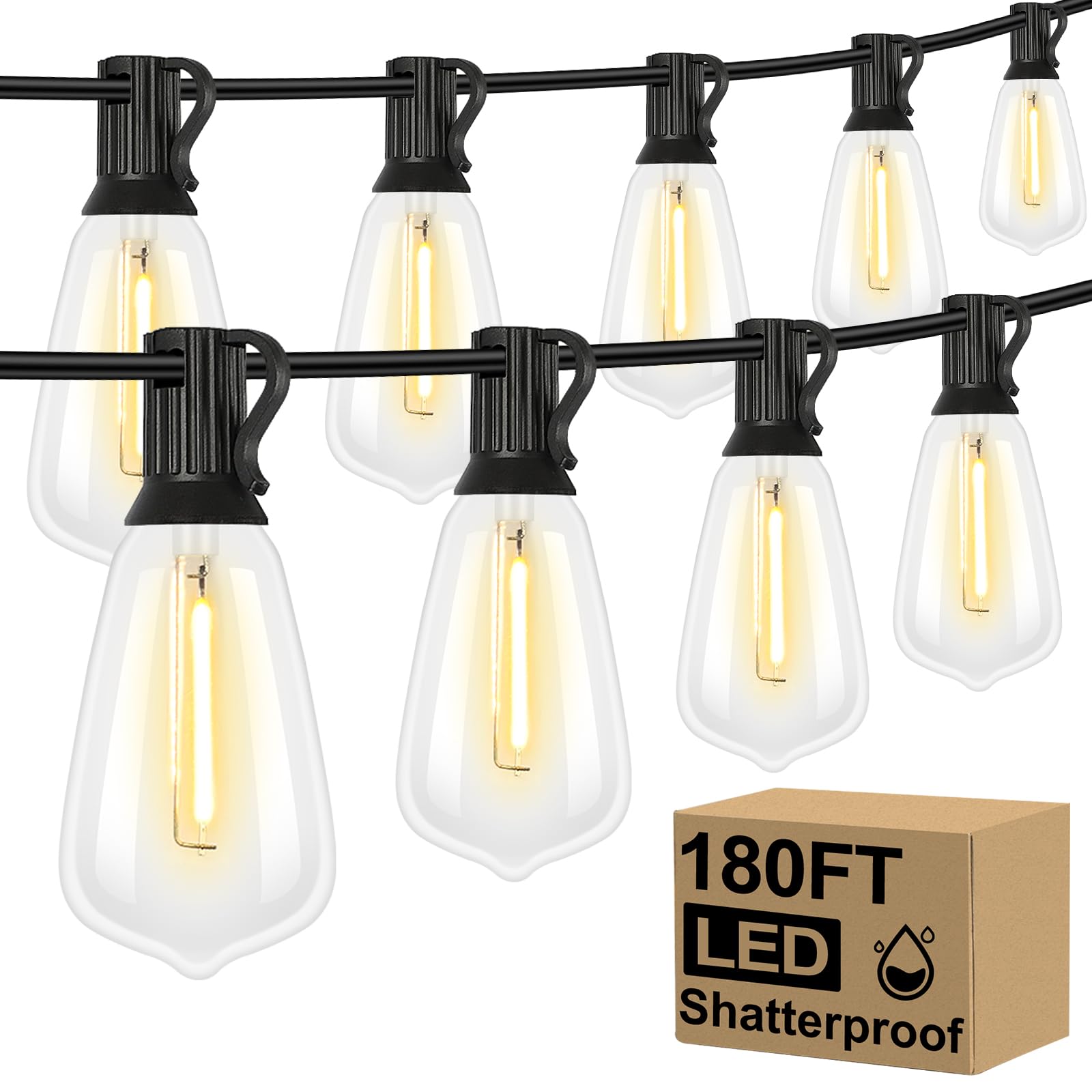 Brightever Outdoor String Lights, 180FT Vintage Edison, 90+4 Dimmable Shatterproof LED Bulbs, 2700K Warm White, Model GYPC-O90