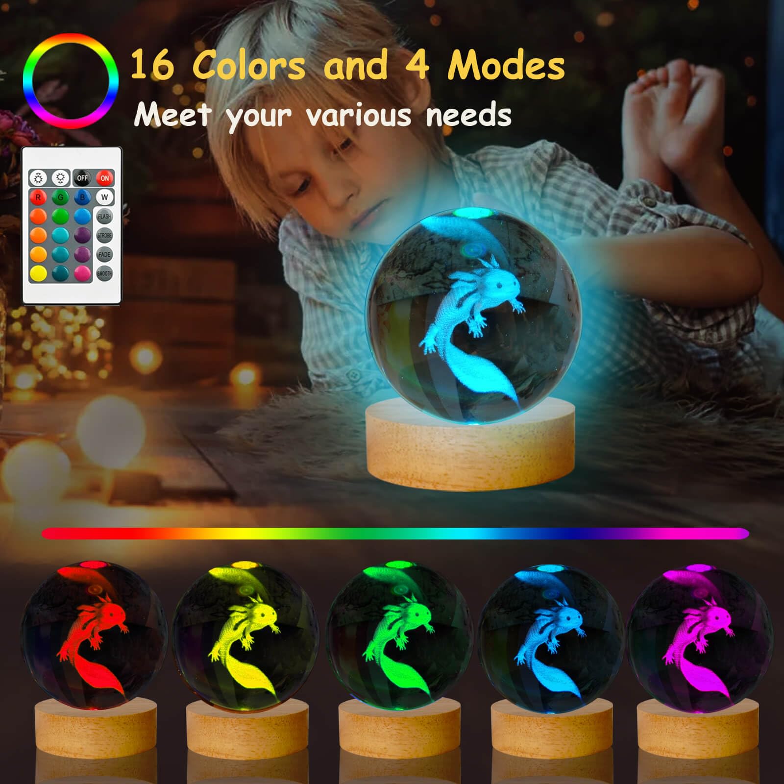 LINSINA Axolotl Crystal Ball Night Light Lamp, 3D K9 Glass, 16 Colors, 3.15in, Wooden Base, Remote Control, Model lamp-01