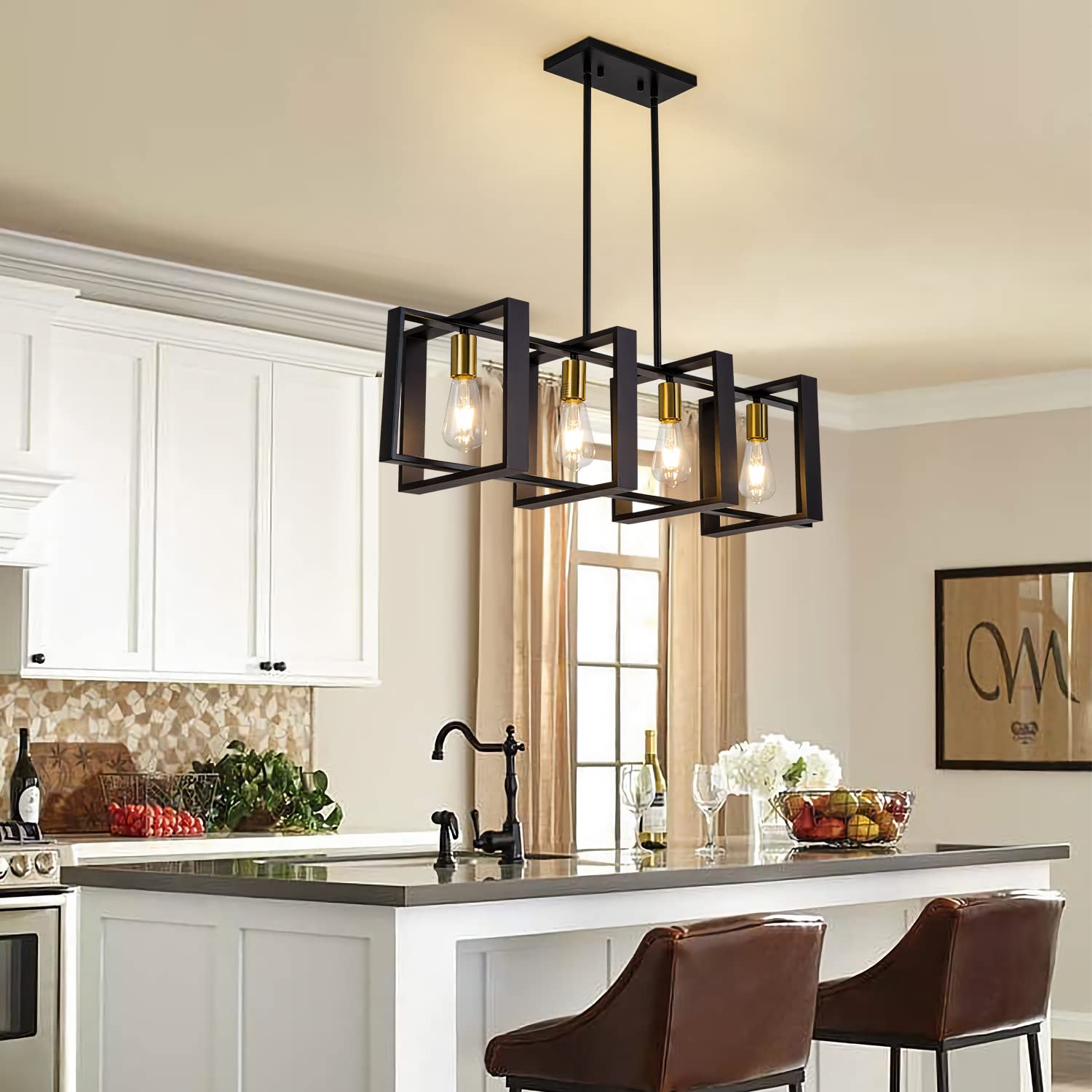 Poroulux Black Farmhouse Kitchen Island Chandelier, 4 Lights, Metal, 1001 Series, Industrial Ceiling Fixture for Dining Room