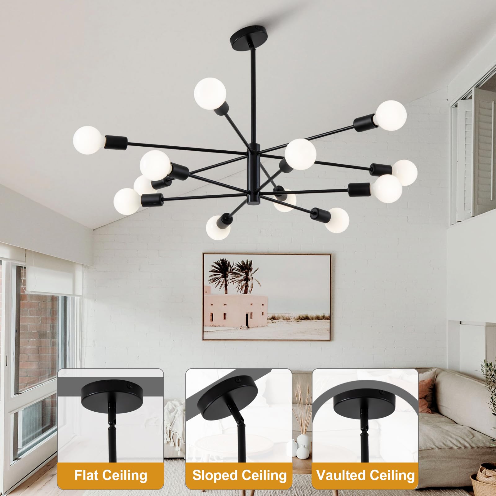 Xingsiyuelyx 33 Inch Black Sputnik Ceiling Light Fixture - 12-Light Black Sputnik Chandeliers, Mid Century Chandelier Modern Cha