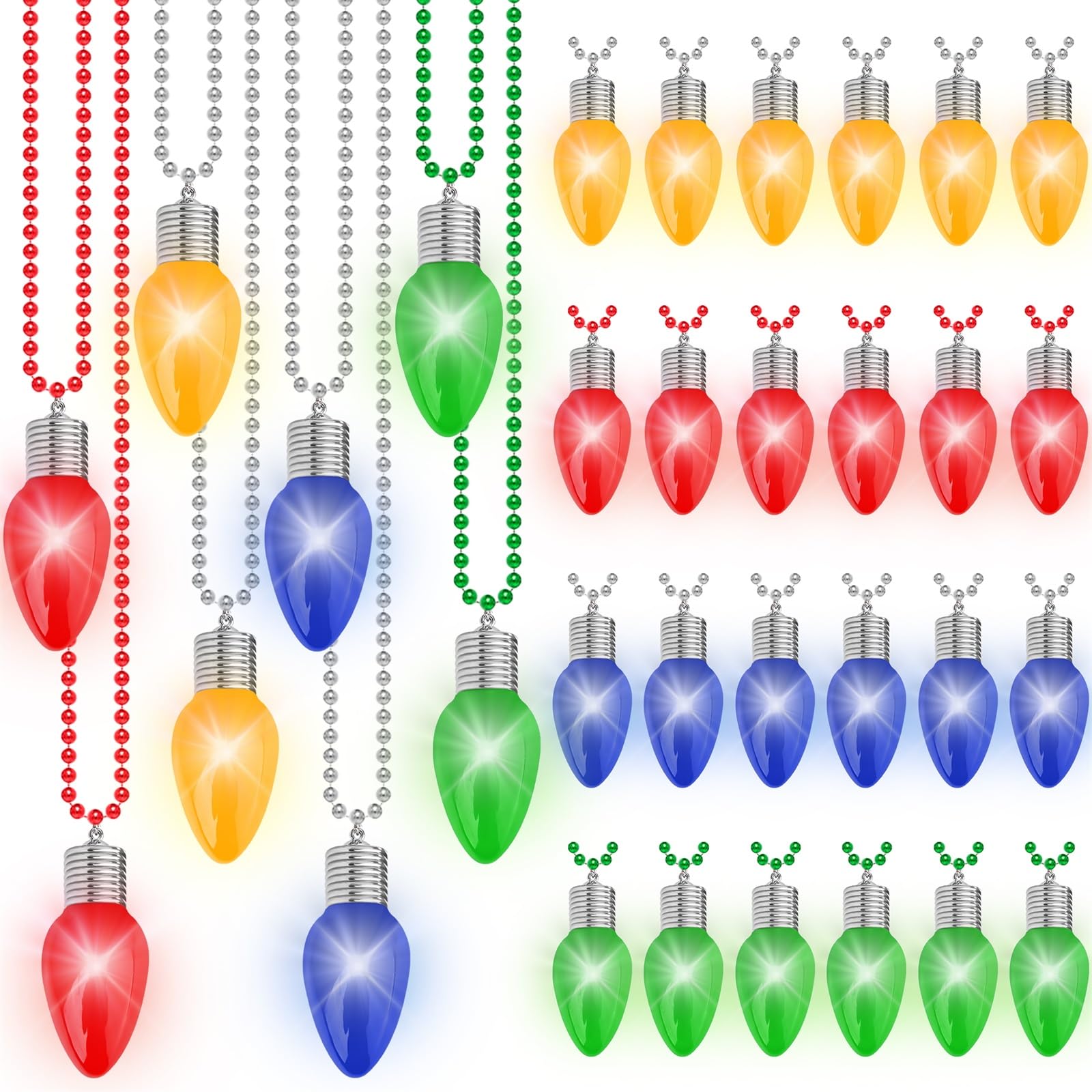 24PCS Christmas Necklace Light Up, 3 Light Modes Christmas Accessories, Colorful Bulbs Christmas Lights Necklace, Bead Chain Chr