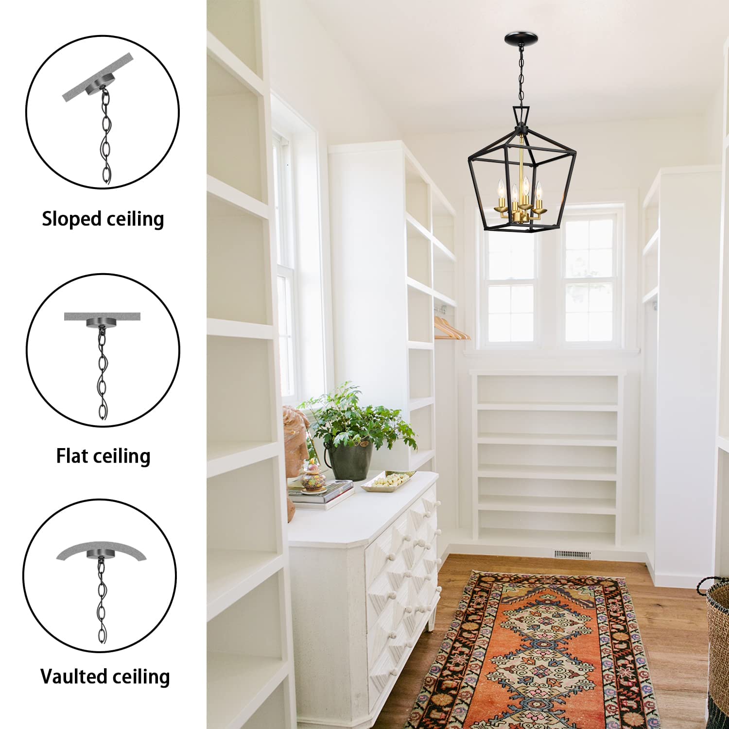 Untrammelife 4-Light Lantern Pendant Light Metal Large Black and Brushed Brass Adjustable Chain Chandelier Model 747301833578