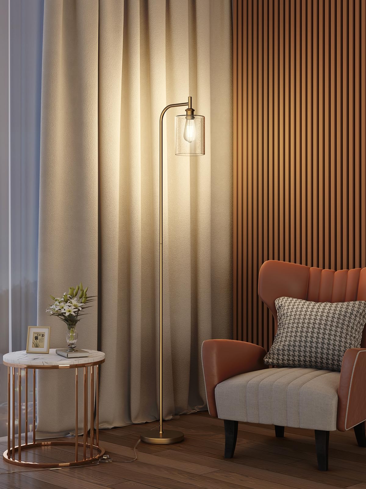 addlon Floor Lamp with Seeded Glass Shade, Brass Gold, Modern Design, LED Bulbs, Industrial Style for Living Room and Office