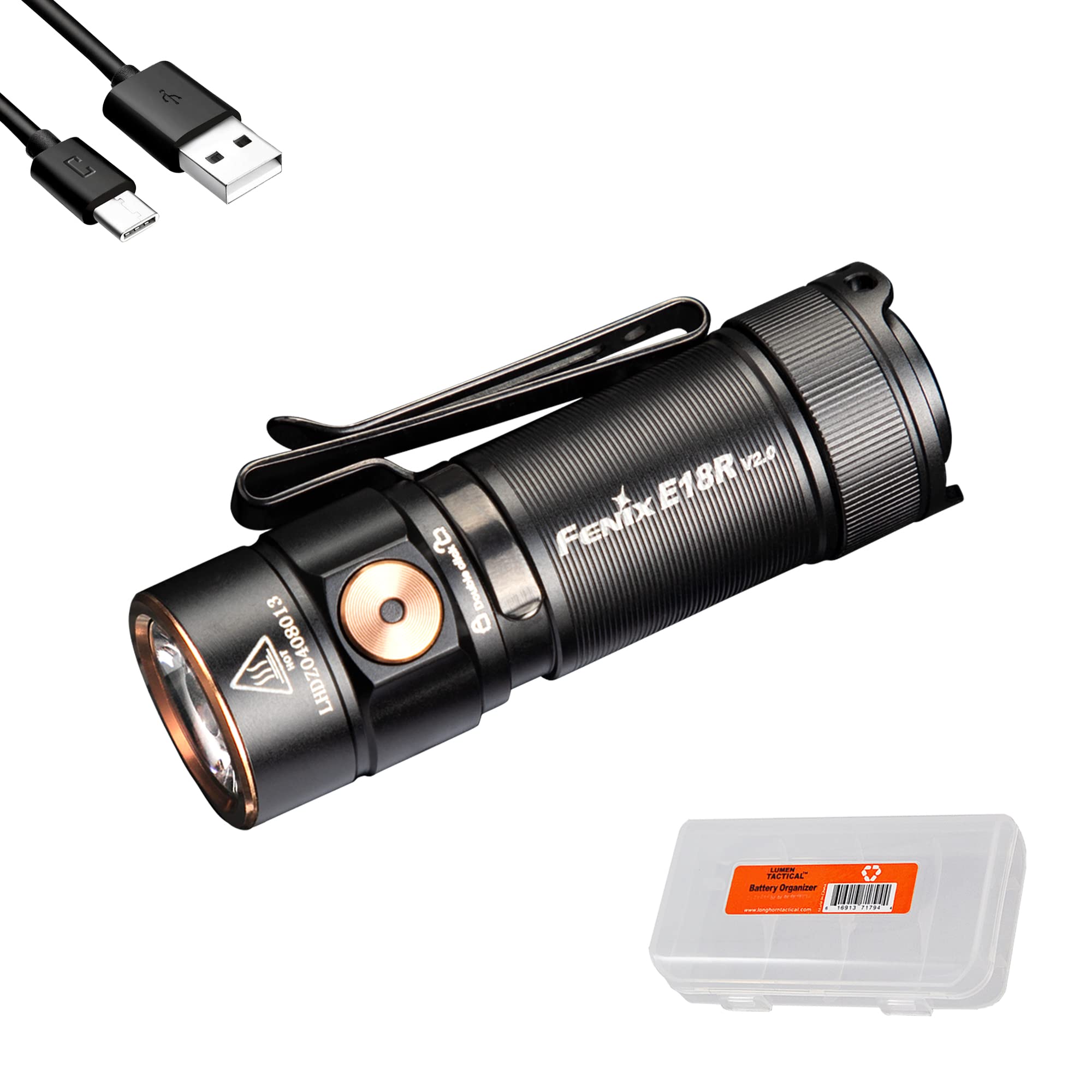 Fenix E18R V2.0 EDC Flashlight, 1200 Lumens, USB-C Rechargeable, Aluminum, Compact Pocket Light, Black