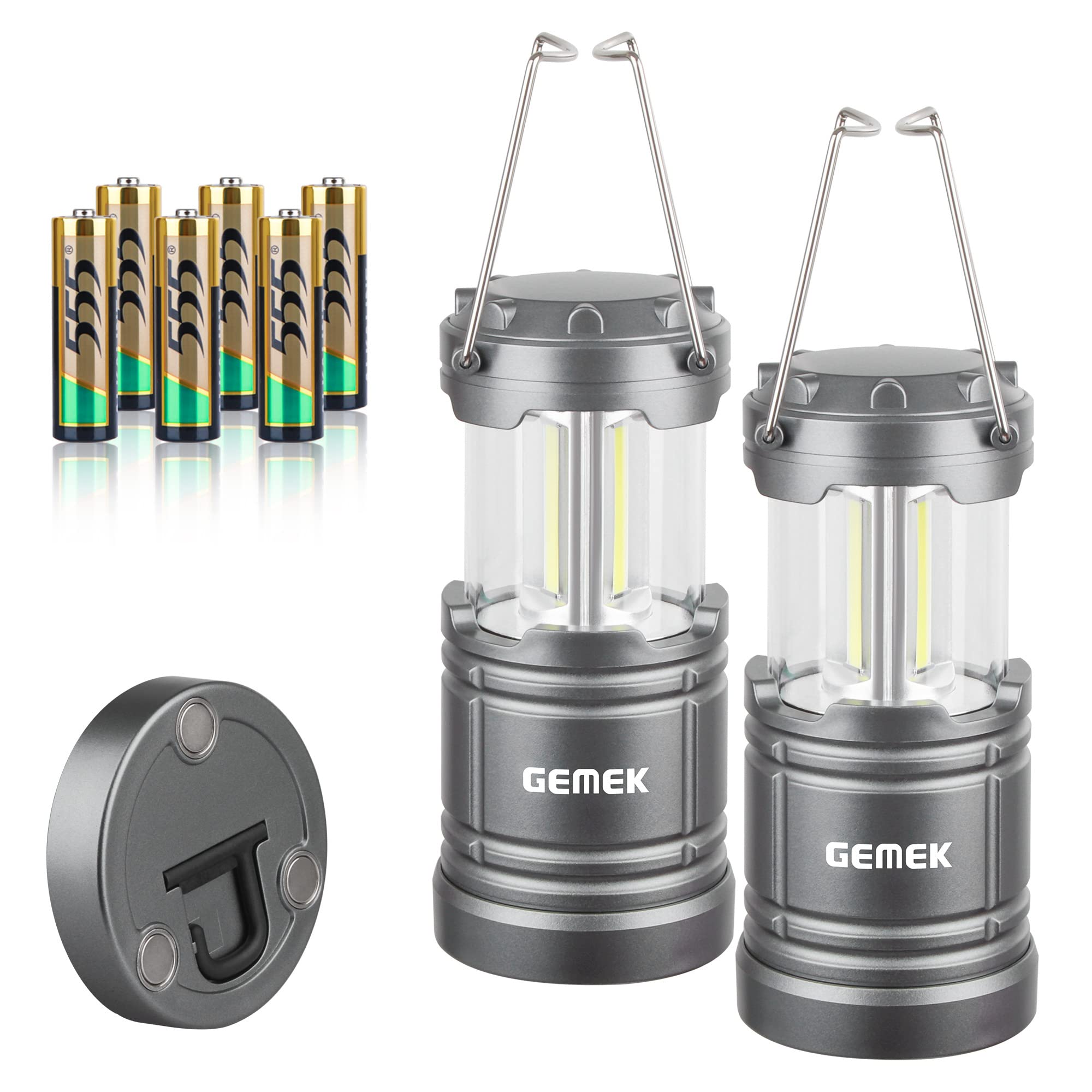 Gemek Led Camping Lantern - Portable Battery Powered, Magnetic Base, Collapsible Hook, Gray, Model Gd0131