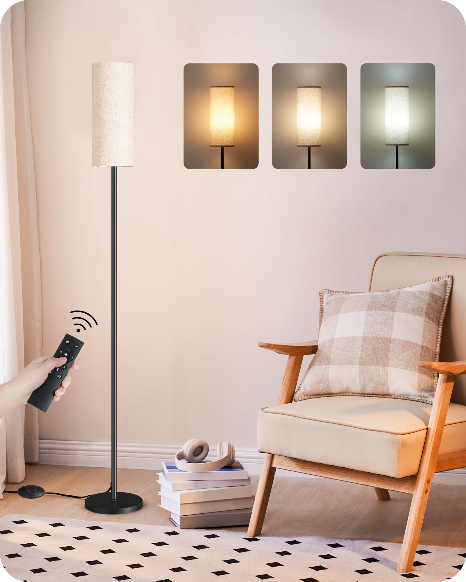 Goebleson Dimmable Floor Lamp With Remote, 66'' Linen Shade, 10W Led Bulb, Black & Beige