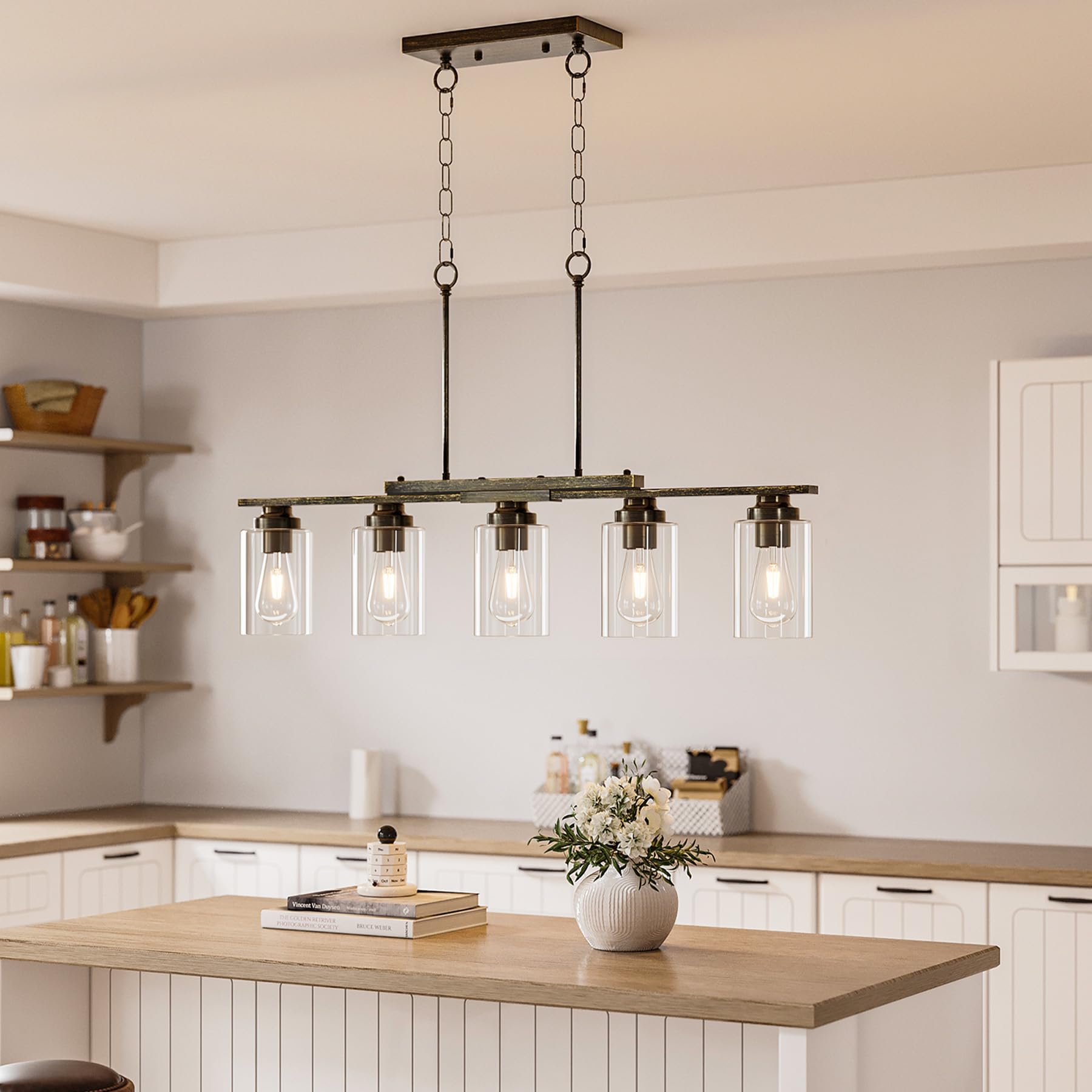 VONLUCE 5-Light Kitchen Island Lighting Fixture, Antique Black Glass Shade, Adjustable Rods, ETL Certified Chandelier for Dining Room