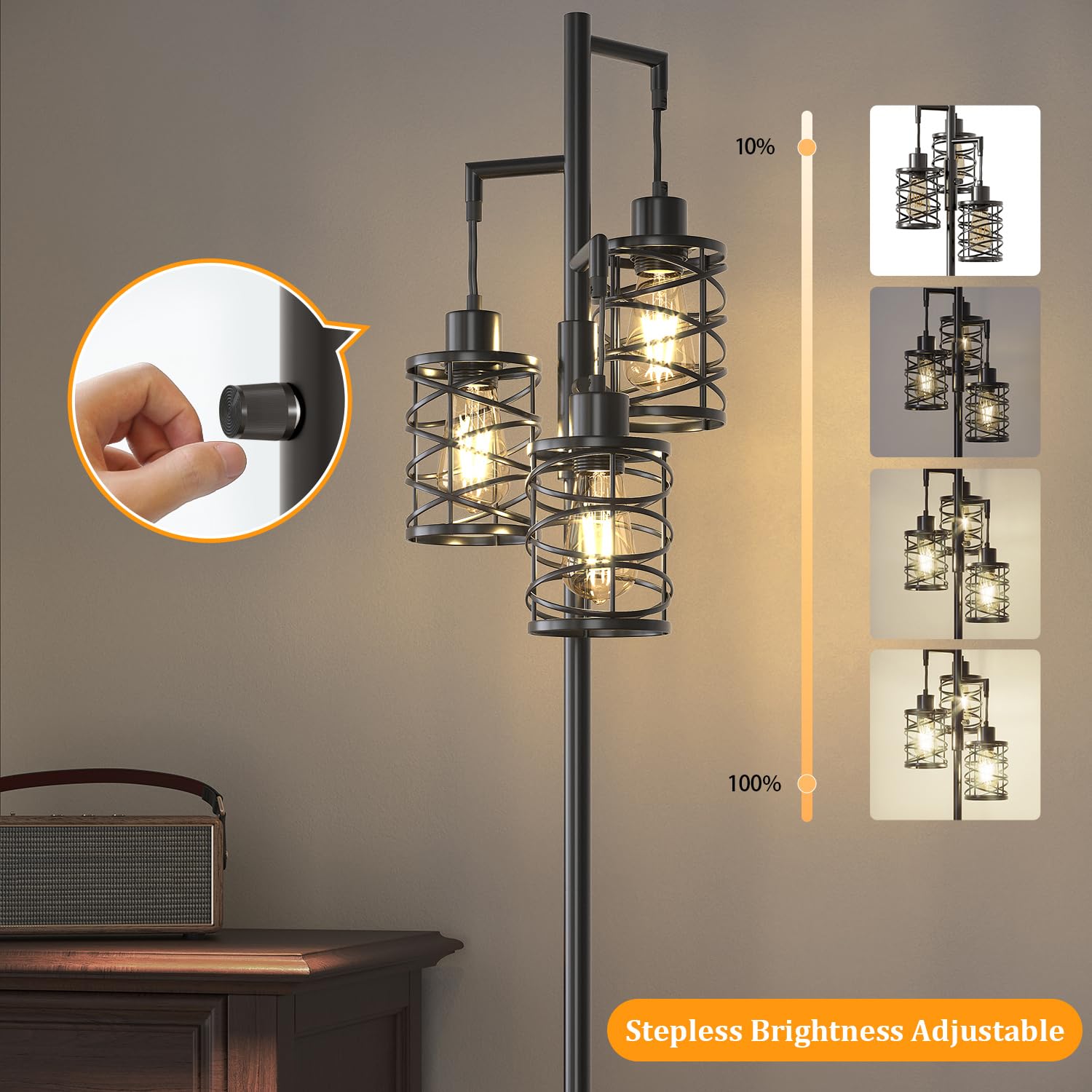 Oneach 68'' Industrial Standing Floor Lamp, Stepless Dim Light With 3 Bulbs, Farmhouse & Corner Design, Tall Lamp For Home And O