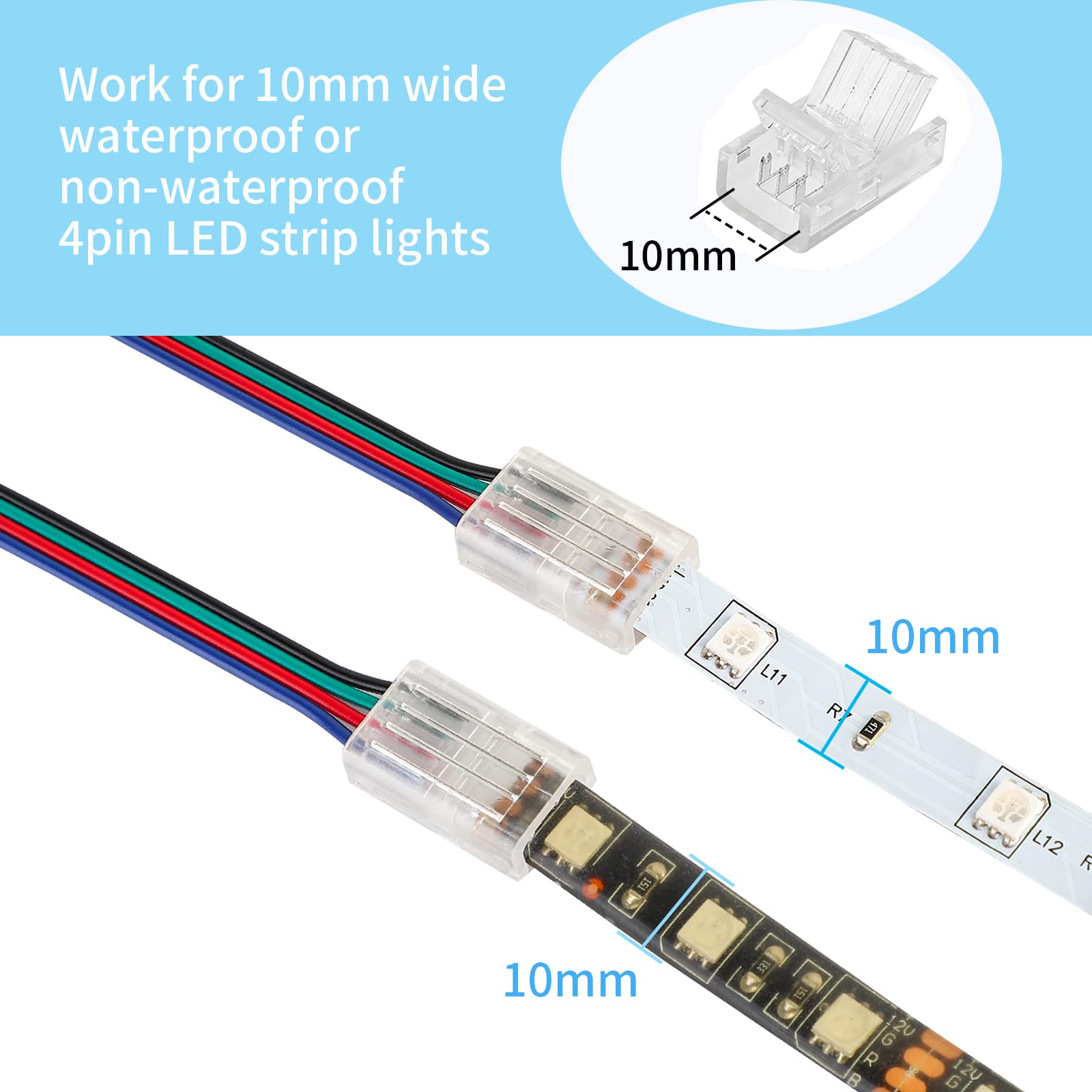 Homelylife 4 Pin Led Strip Connectors Solderless 10 Pcs With 16.4Ft Extension Cable 4 Conductor For Waterproof Or Non-Waterproof