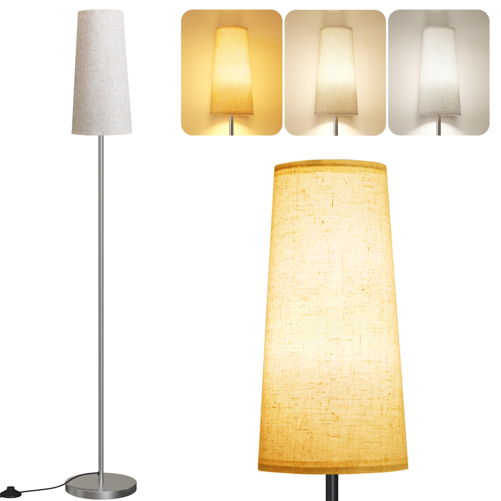 SUNMORY Floor Lamp with LED Bulb, 3 Color Temperatures, Nickel Plated, Iron Material, Ideal for Living Room/Bedroom/Office Decor