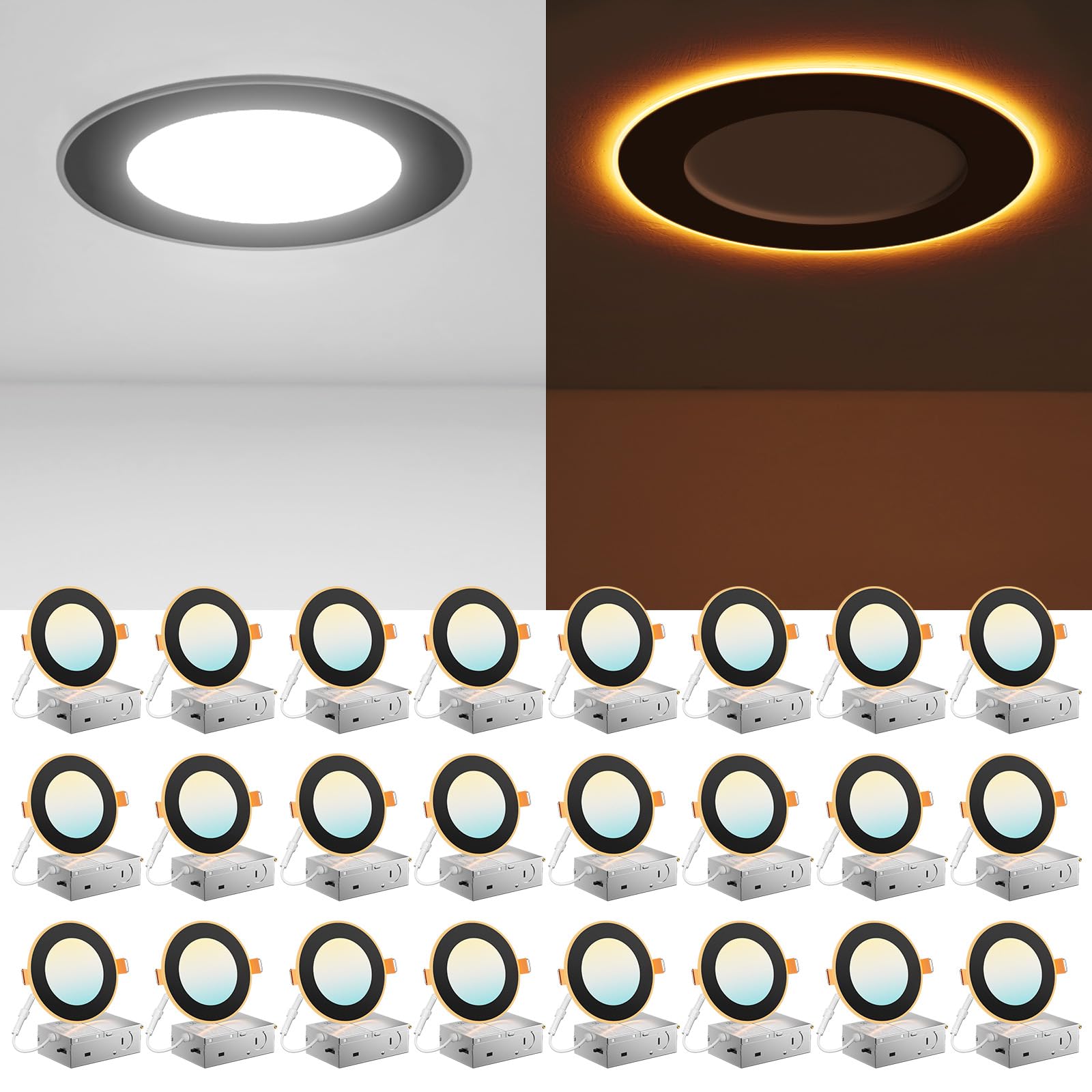 Amico 24 Pack Black 4 Inch 5CCT LED Recessed Ceiling Light with Night Light, 2700K-5000K Selectable Ultra-Thin Recessed Lighting