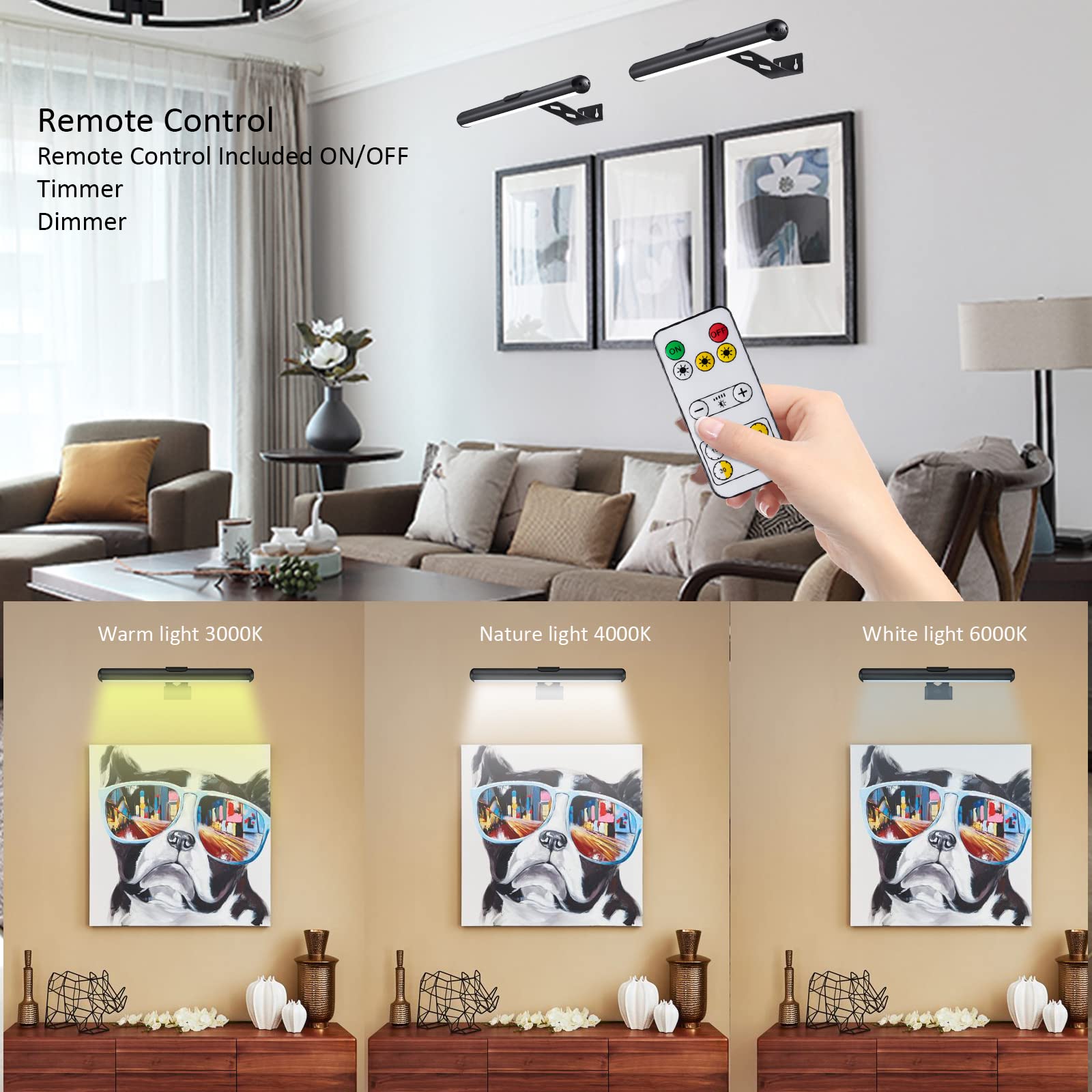 Vigmoj Rechargeable Picture Light Battery Operated, Wireless Painting Light With Remote Control,Metal Art Light Display Lamp,3 M