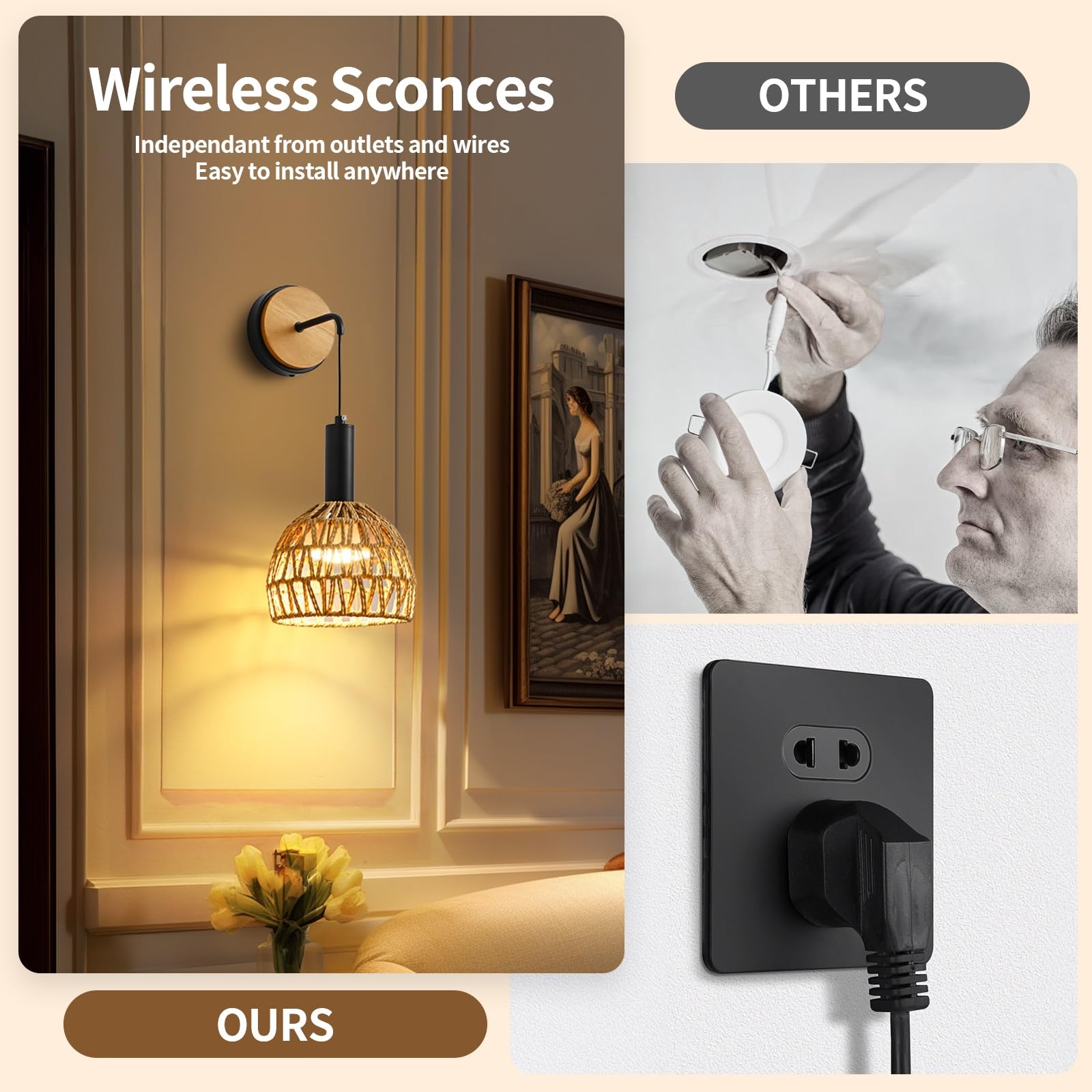 Zlierop Rattan Wall Sconce Set of 2, Battery Operated, Remote Control, Dimmable, Black, Model 630686ab