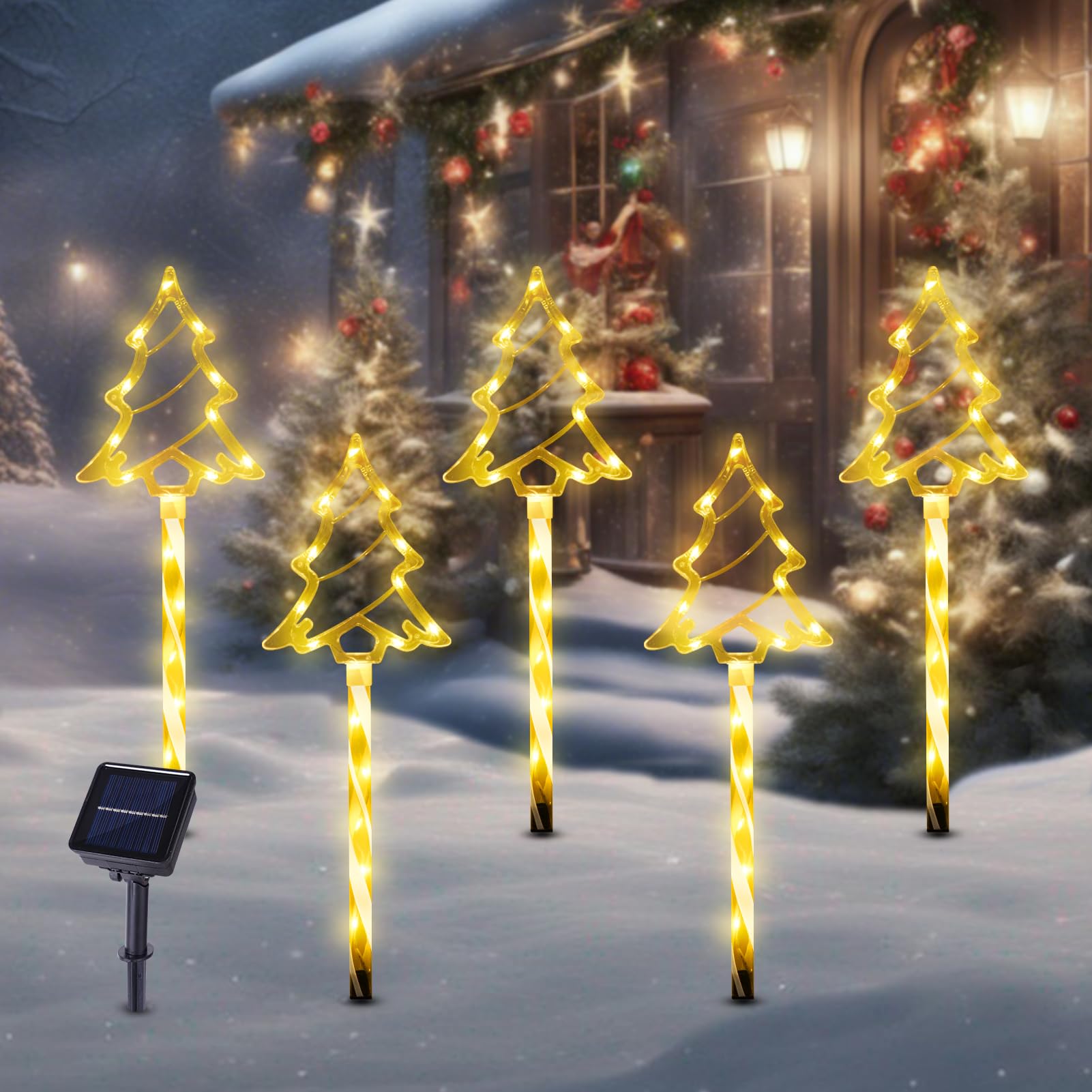 Christmas Solar Pathway Lights Outdoor Decorations  8 Modes Xmas Tree Candy Lights Waterproof Led Garden Stake Light For Walkway Yard Lawn Porch Holiday Decor 5-Pack (Yellow Tube Tree  5 Pack)