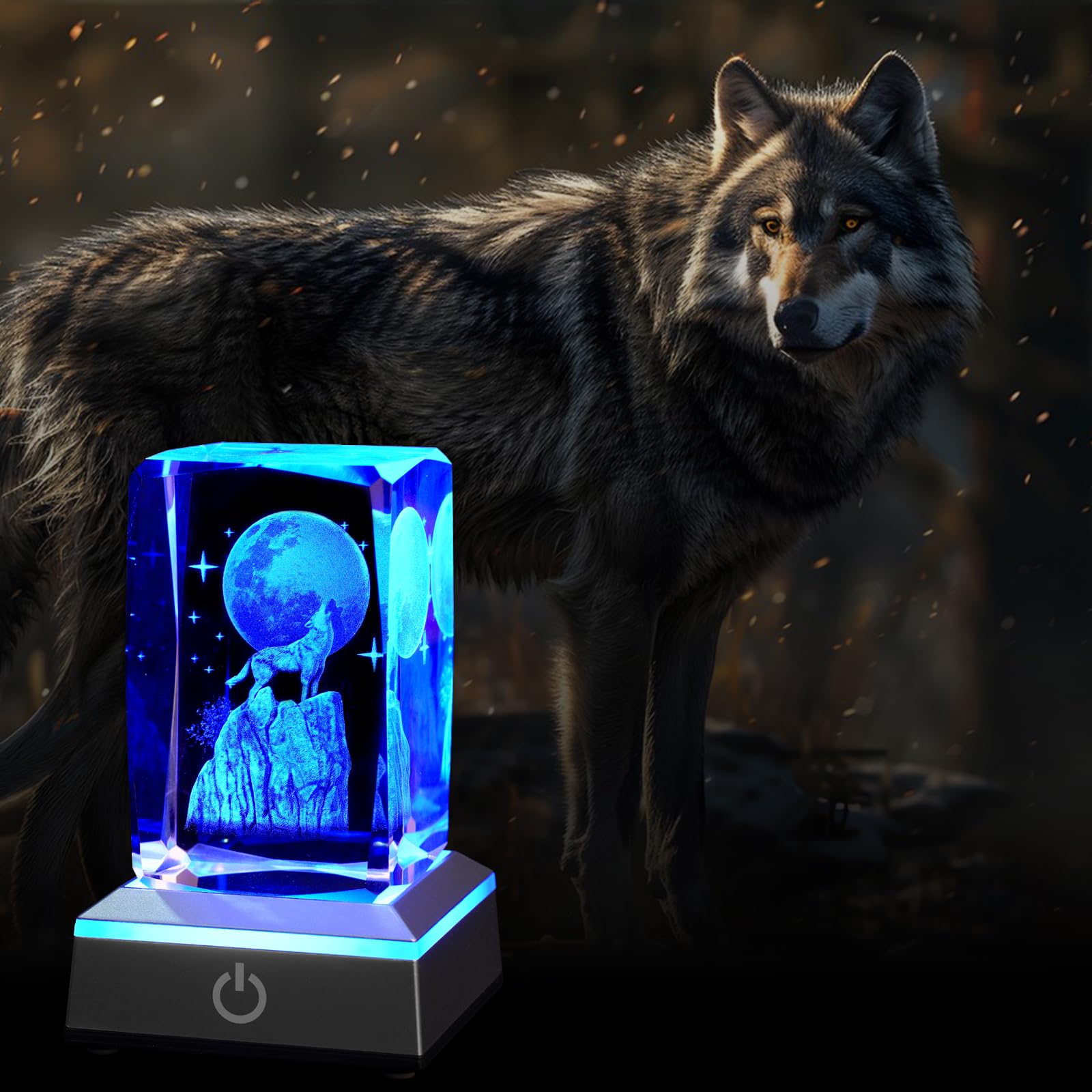 Eicxjui 3D Wolf Crystal Night Light With Multicolor Led Base Glass Laser Engraved Wolf Figurines Statue Gifts For Boys Girls Bir