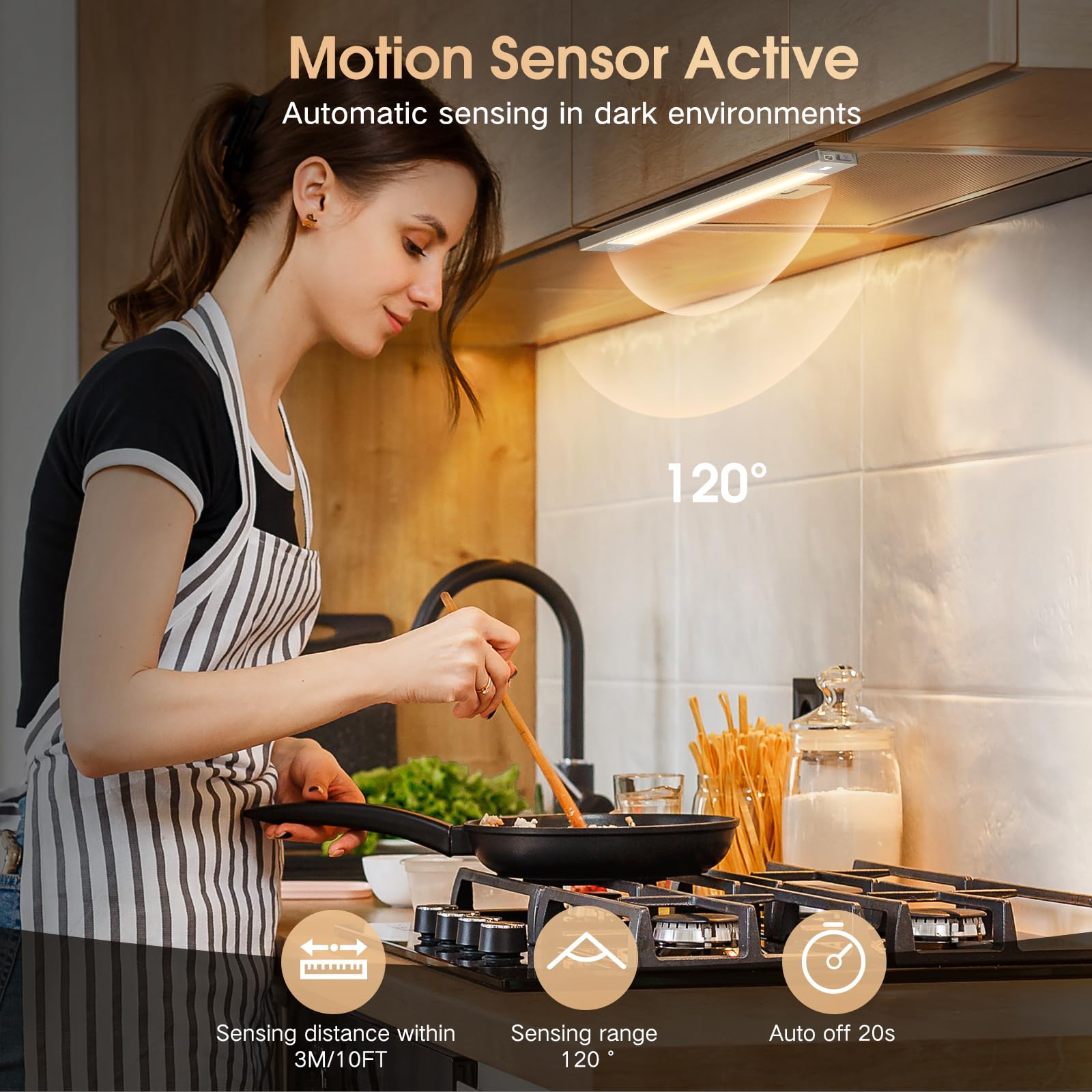 VST Motion Sensor Lights, Dimmable LED Under Cabinet Lighting, 9in, Silver, Rechargeable, 2 Pack