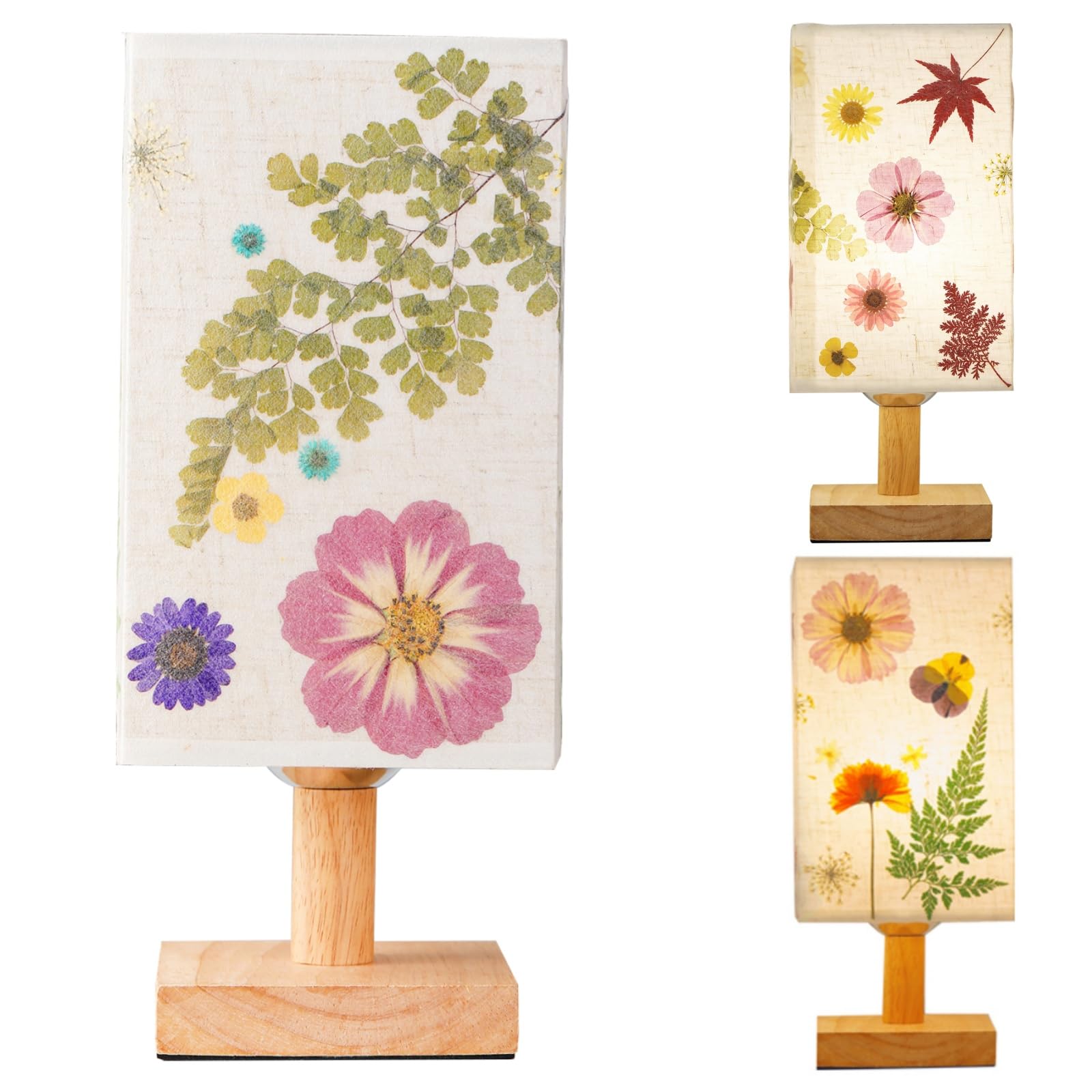 Floresita Dried Flowers Table Lamp 5W LED Pressed Flower Bedside Lamp Square Linen Shade 3Color Temperatures Table Lamp with Woo