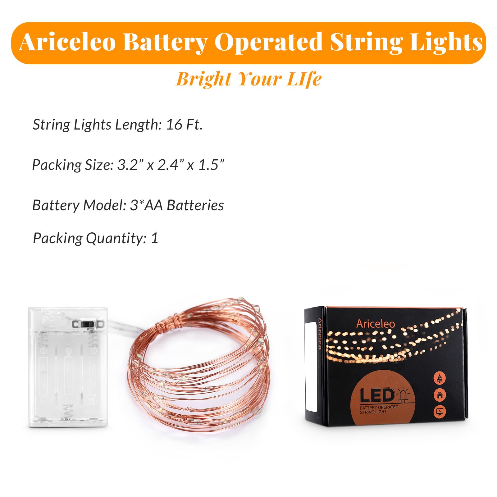 Ariceleo LED Fairy Lights, Battery Operated Copper Wire, 5m/16ft, Cool White, Model MRSXD-W-5M-1, Ideal for Bedroom, Christmas, Wedding