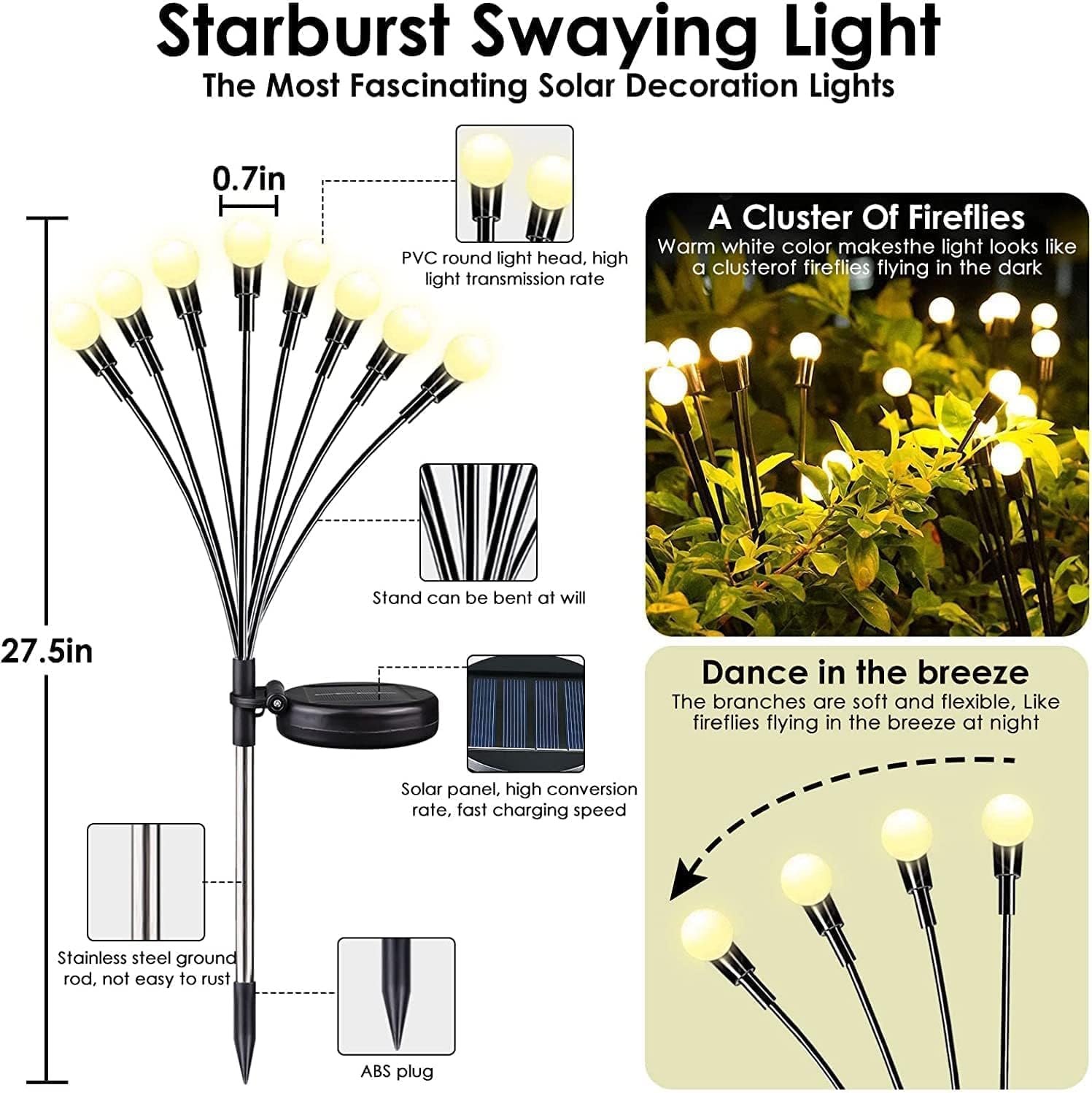 Ozs 8Pack Total 64Led Solar Garden Lights Solar Lights Outdoor, Solar Firefly Lights, Waterproof Solar Fairy Lights Outdoor For