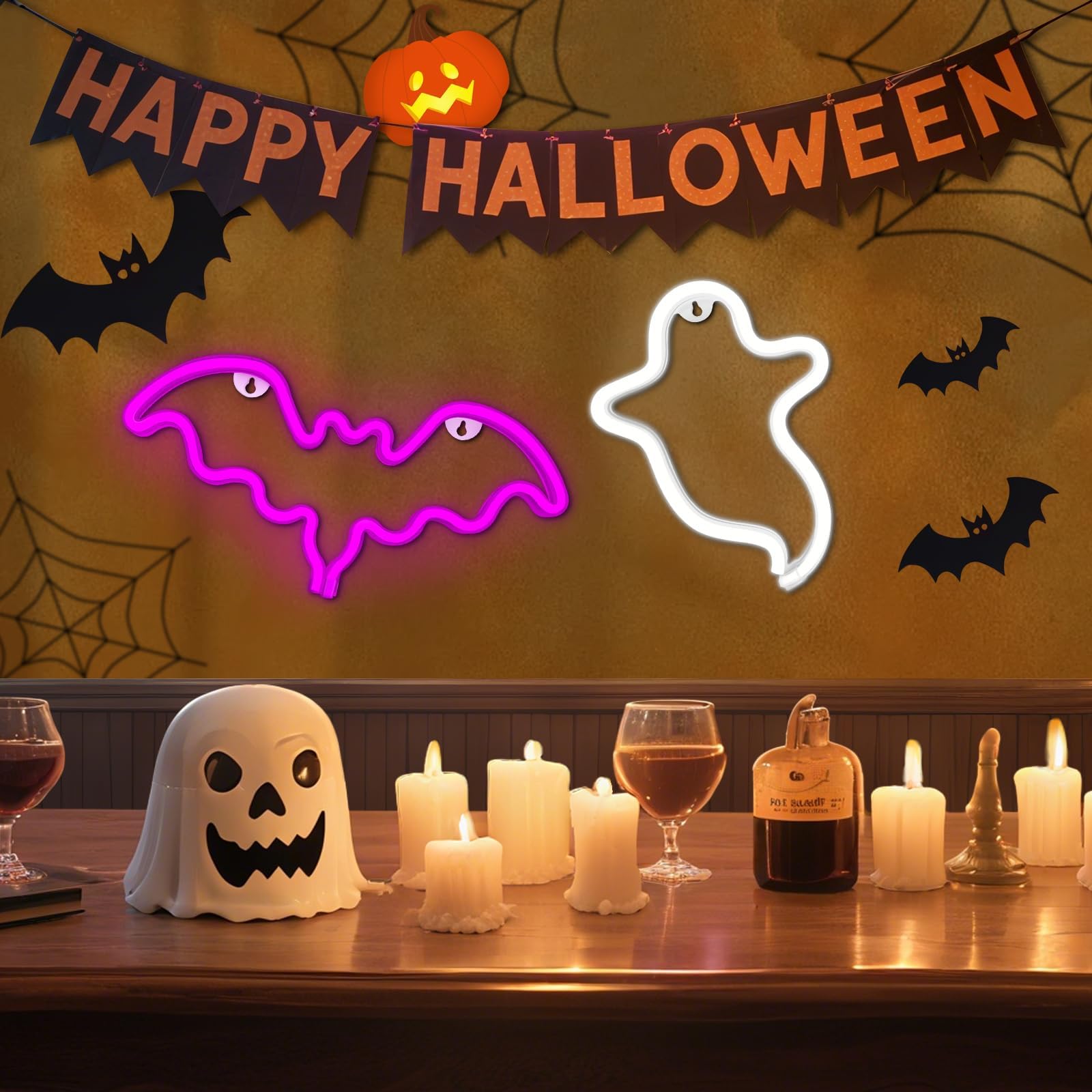 Innovtools 2 Pack Halloween Neon Sign  White Ghost And Pink Bat Neon Lights For Wall Decor  Usb Or Battery Powered Led Halloween Decorations Light Up Sign For Bedroom Window Party Kids Gift