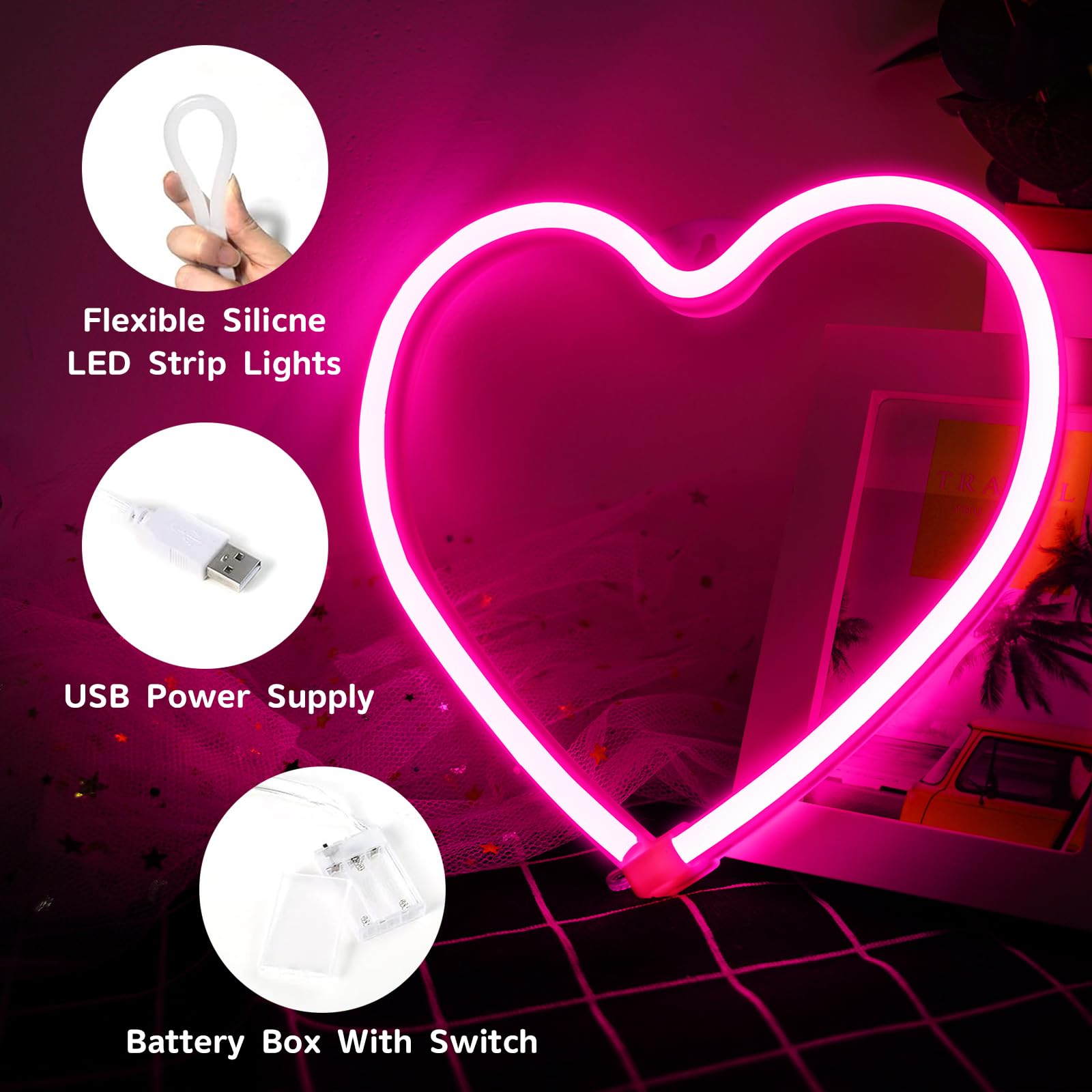 Pink Heart Neon Light  Led Light Signs Powered By Battery Or Usb  Light Decoration For Christmas Birthday Party Living Room Bedroom Table Children Gifts