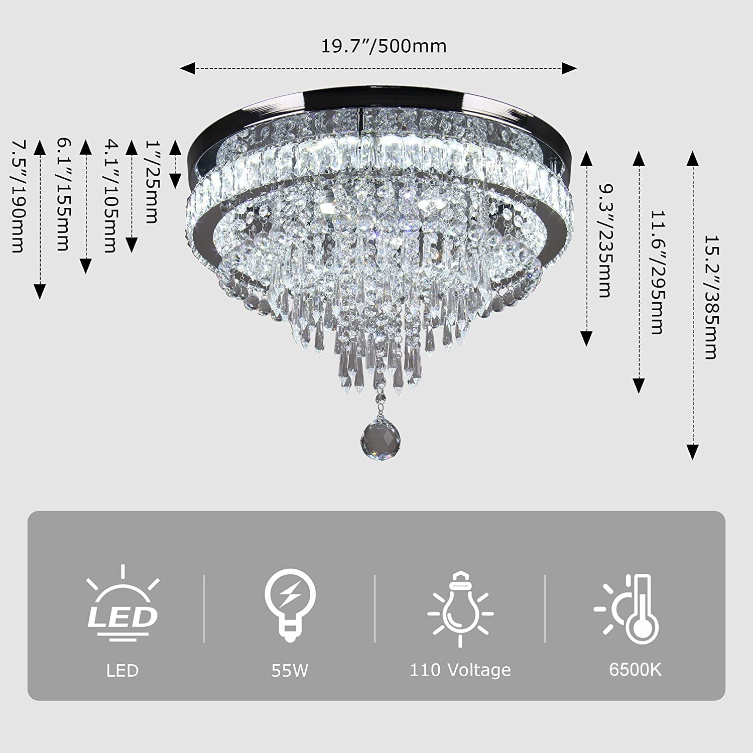 FRIXCHUR Crystal Ceiling Light Fixture LED Chandelier 19.7in Cool White Model MC096