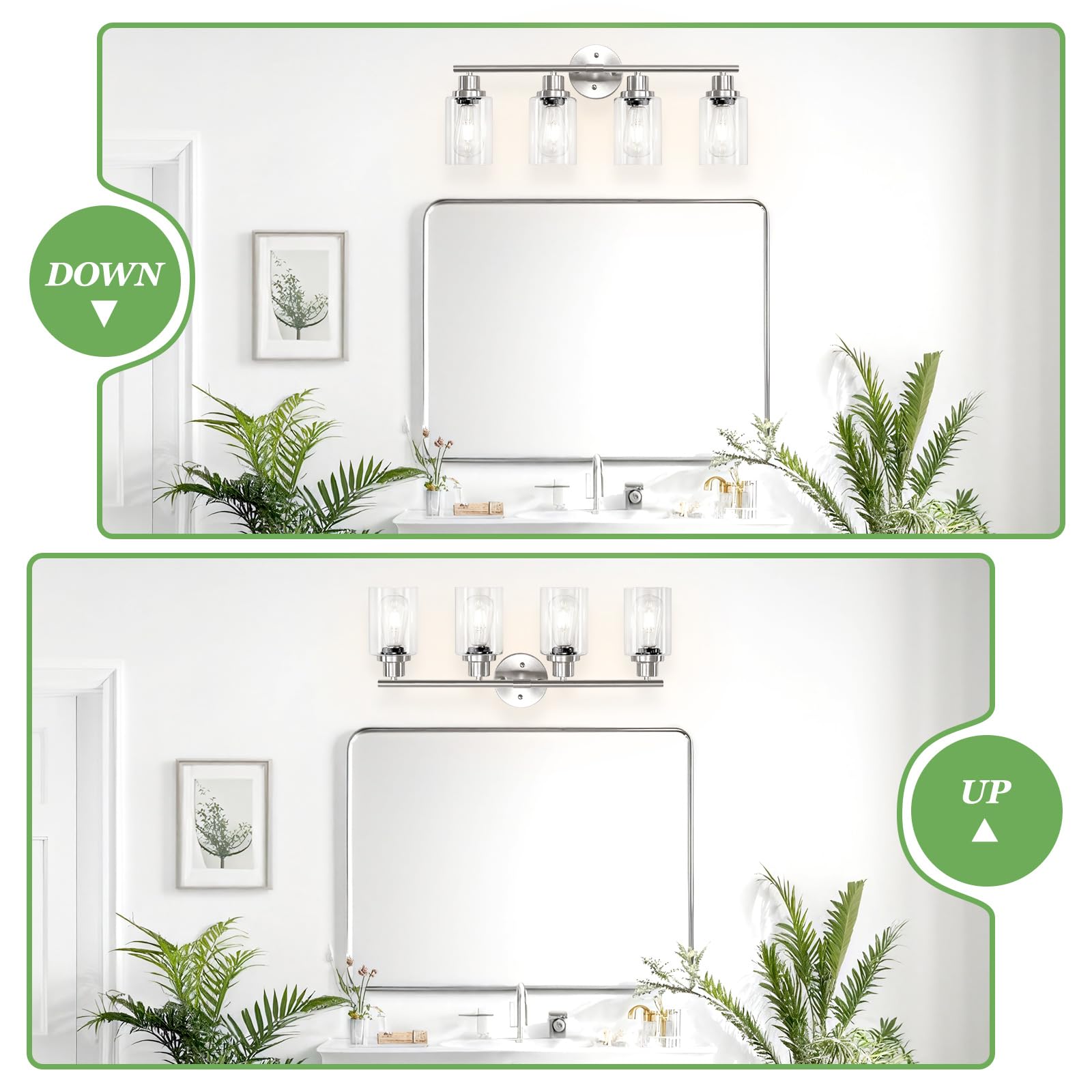 Guliaofo 4-Light Nickel Bathroom Light Fixtures, E26 Modern Vanity Lights, Clear Glass Shade, Model Gu-111-QGN-4