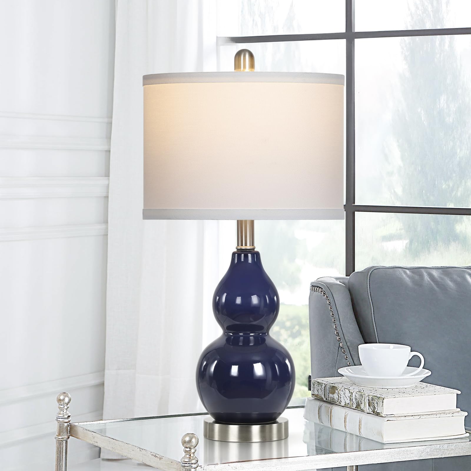 Rinweey Double Gourd Ceramic Table Lamps Set Of 2, Modern Navy Blue Bedside Lamps For Night Stand, Contemporary Nightstand Lamps