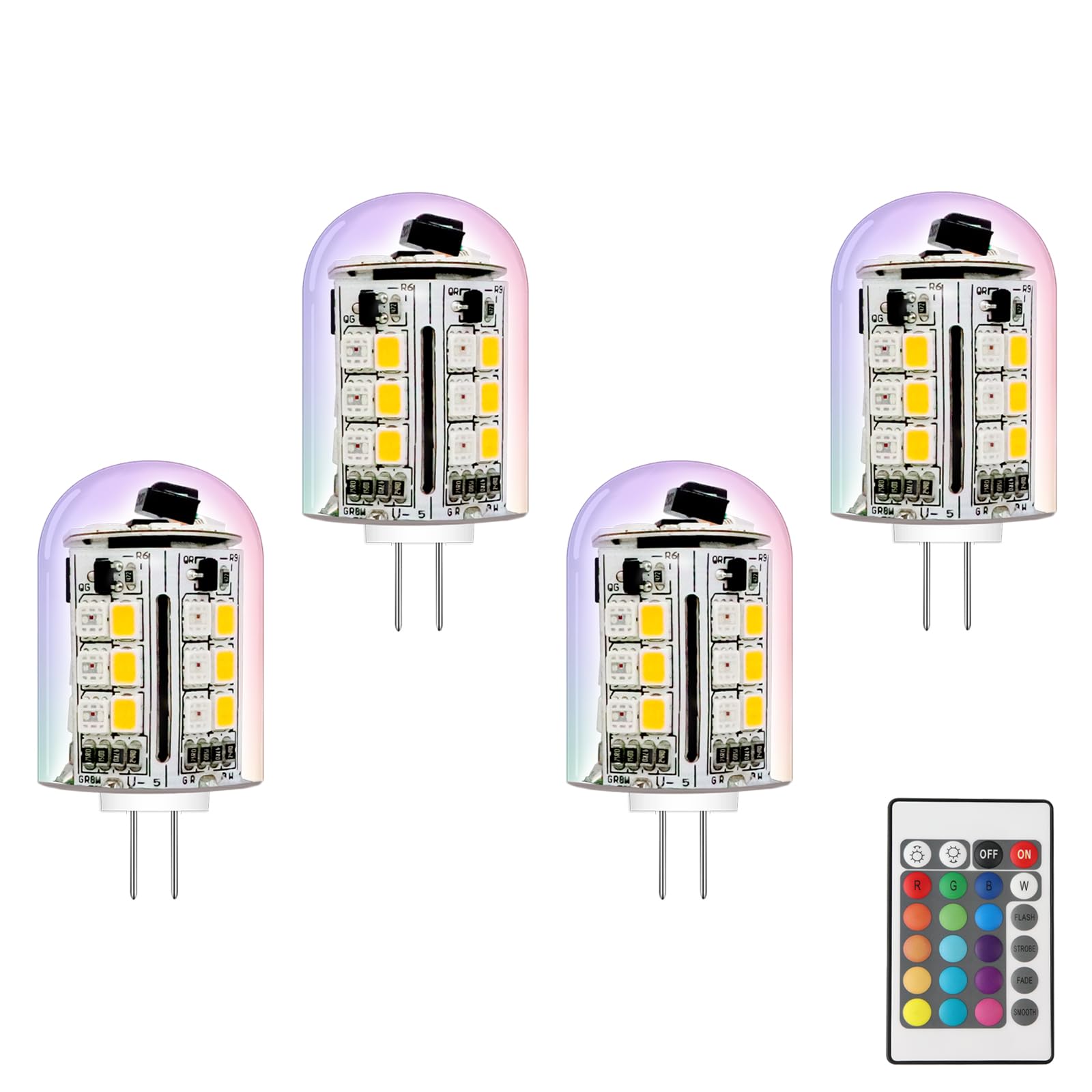 Noobibaba G4 LED Bulb 12V  T3 G4 Color Changing LED Bulbs  12V 24V 3W RGB Bi-Pin Lights Warm White+15 Multi Colors for Low Voltage Landscape Light (4 Bulbs  1 Remote)