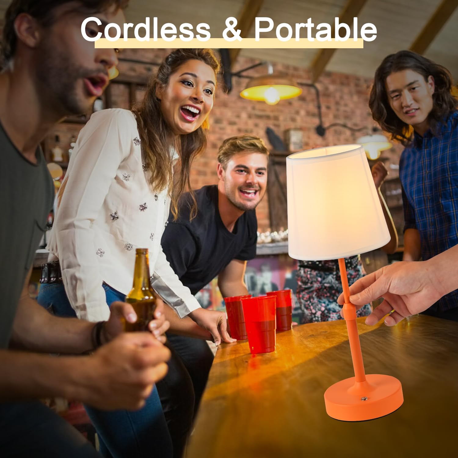 HISEEGO Cordless Lamp - Battery Operated, Rechargeable 5200mAH, Adjustable Height, Stepless Dimming, Iron, 15.3in Flat Shade, Orange