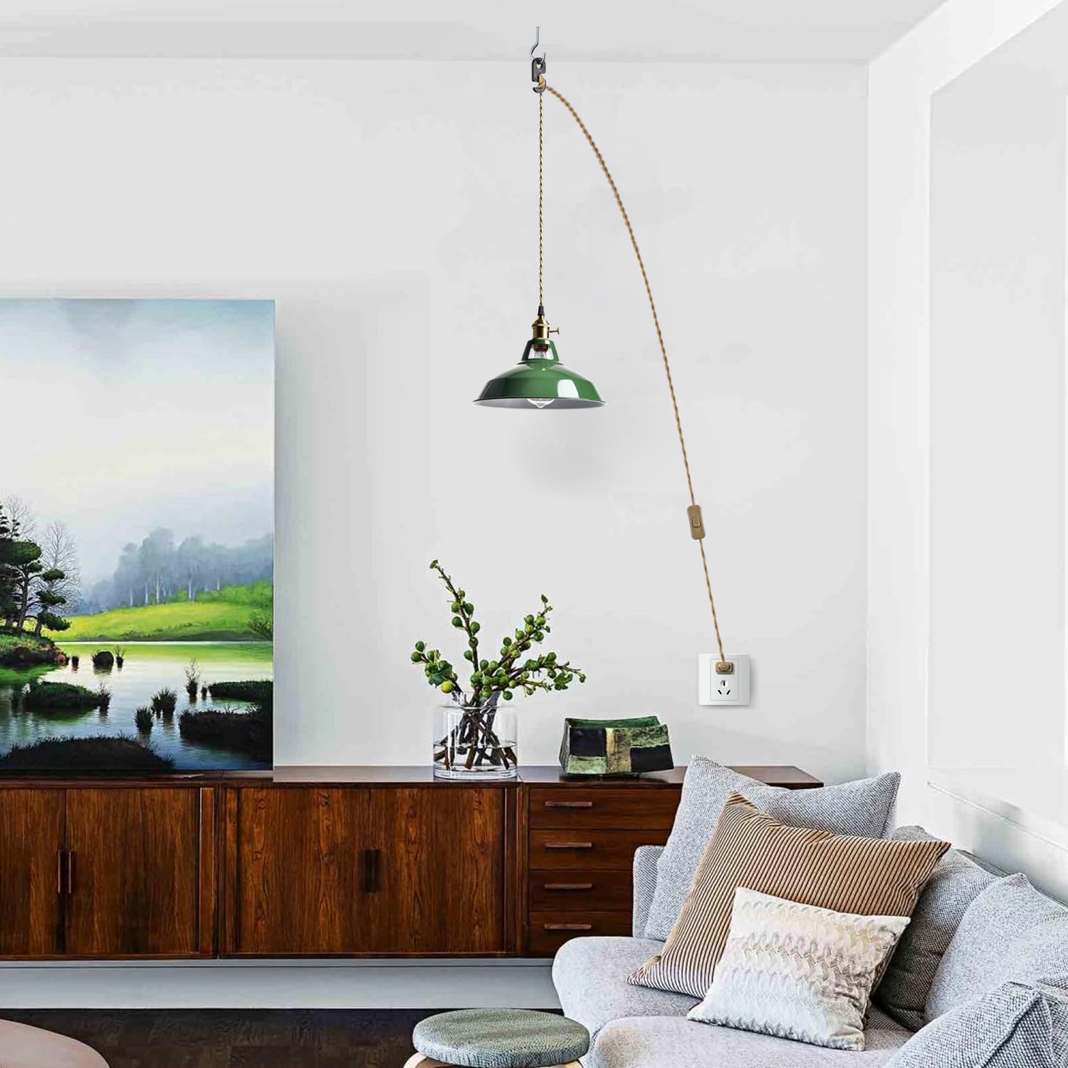 Yubole Modern Green Plug-In Pendant Light Macarons Kitchen Hanging Swag Lighting  Metal Barn Shade With On-Off Switch Plug Cord Light For Bedroom Foyer Dining Bar