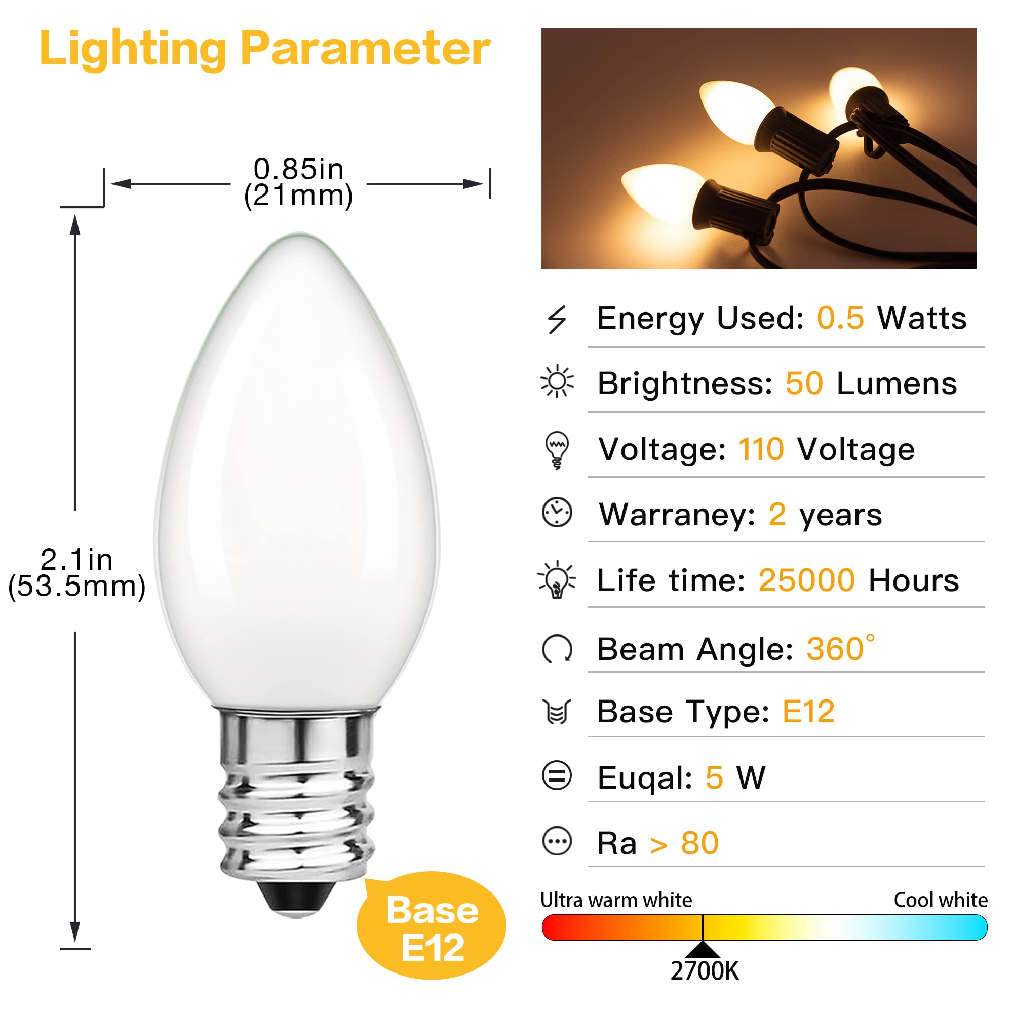 Low Watt Led Light Bulbs 0.5W Equivalent 5W Incandescent Small Night Light Bulb Warm White 2700K Milky C7 Candelabra Led Light B