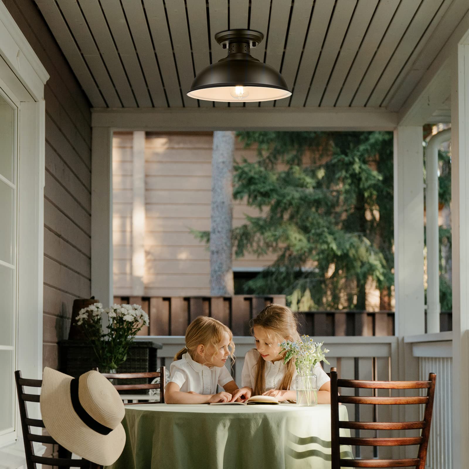 Loehinle 2Pcs Semi Flush Mount Ceiling Light, Industrial Close To Ceiling Lighting Fixtures, Rustic Vintage Metal Black Ceiling