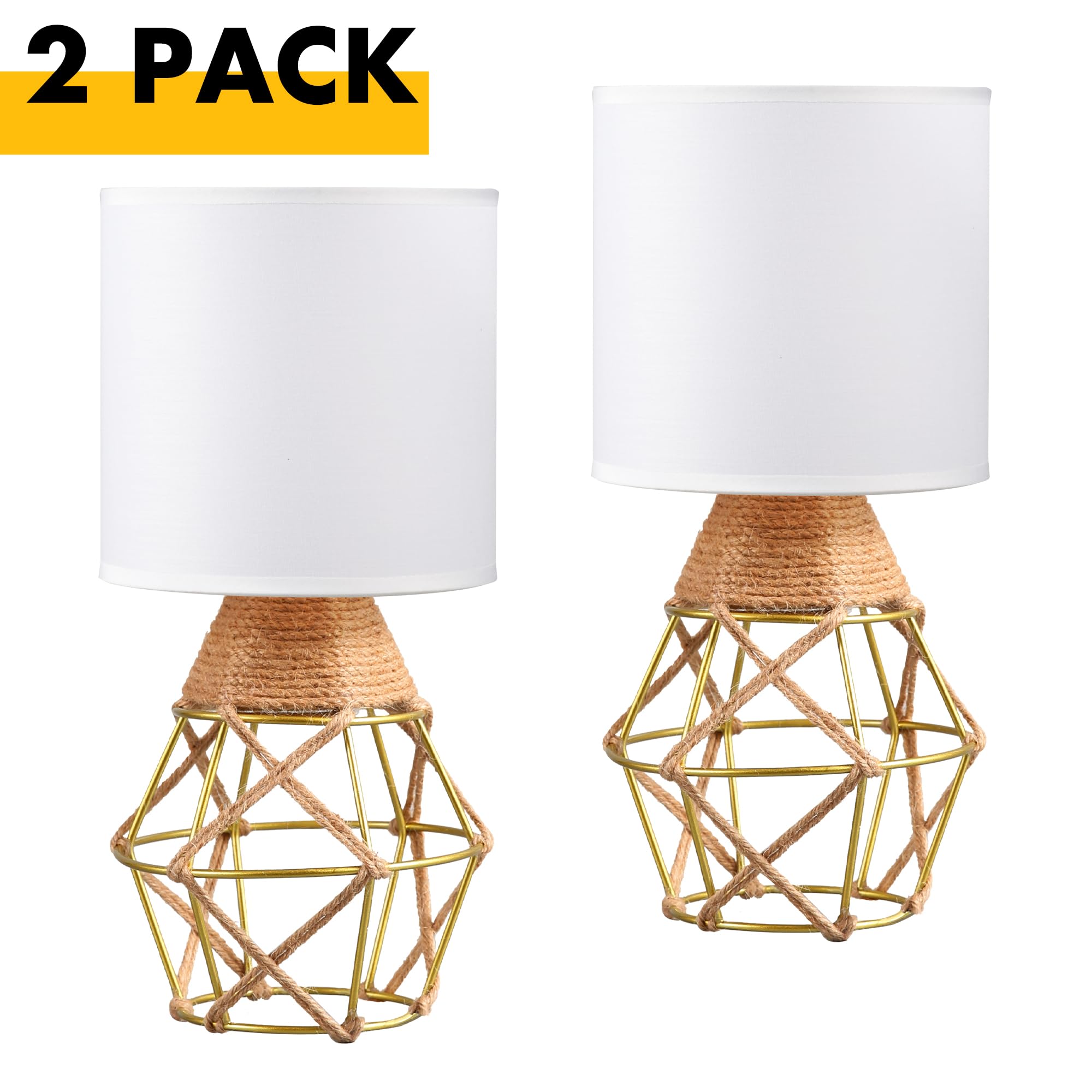 Hamilyeah Gold Table Lamps Set Of 2, Boho Bedside Lamps With Fabric Shade, Farmhouse Woven Lamps For Nightstand With On/Off Swit