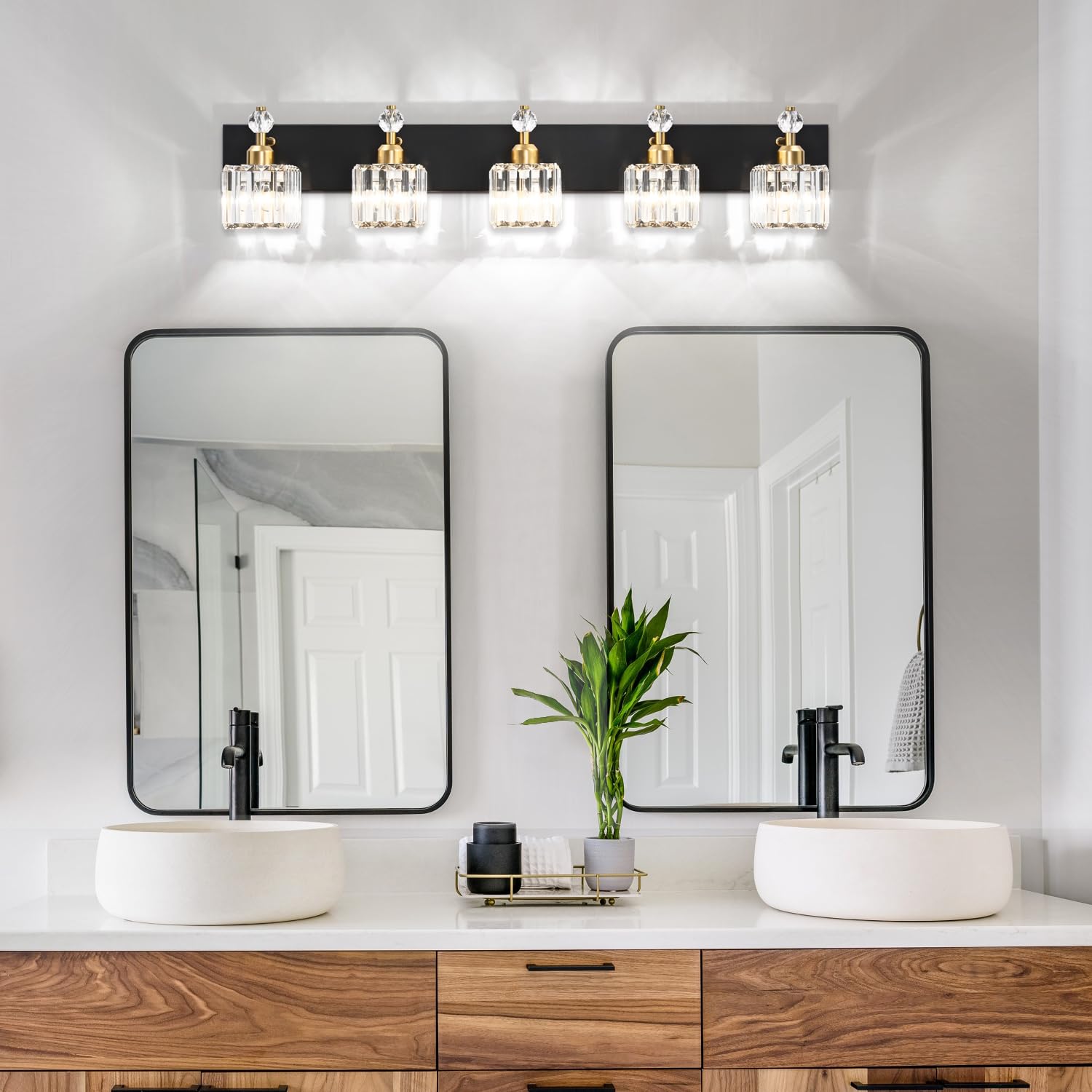 PRESDE 5-Light Bathroom Vanity Lights, Modern Black & Gold K9 Crystal Fixtures, Model 837d797d-fafd-42ea-8b46-263e45135383