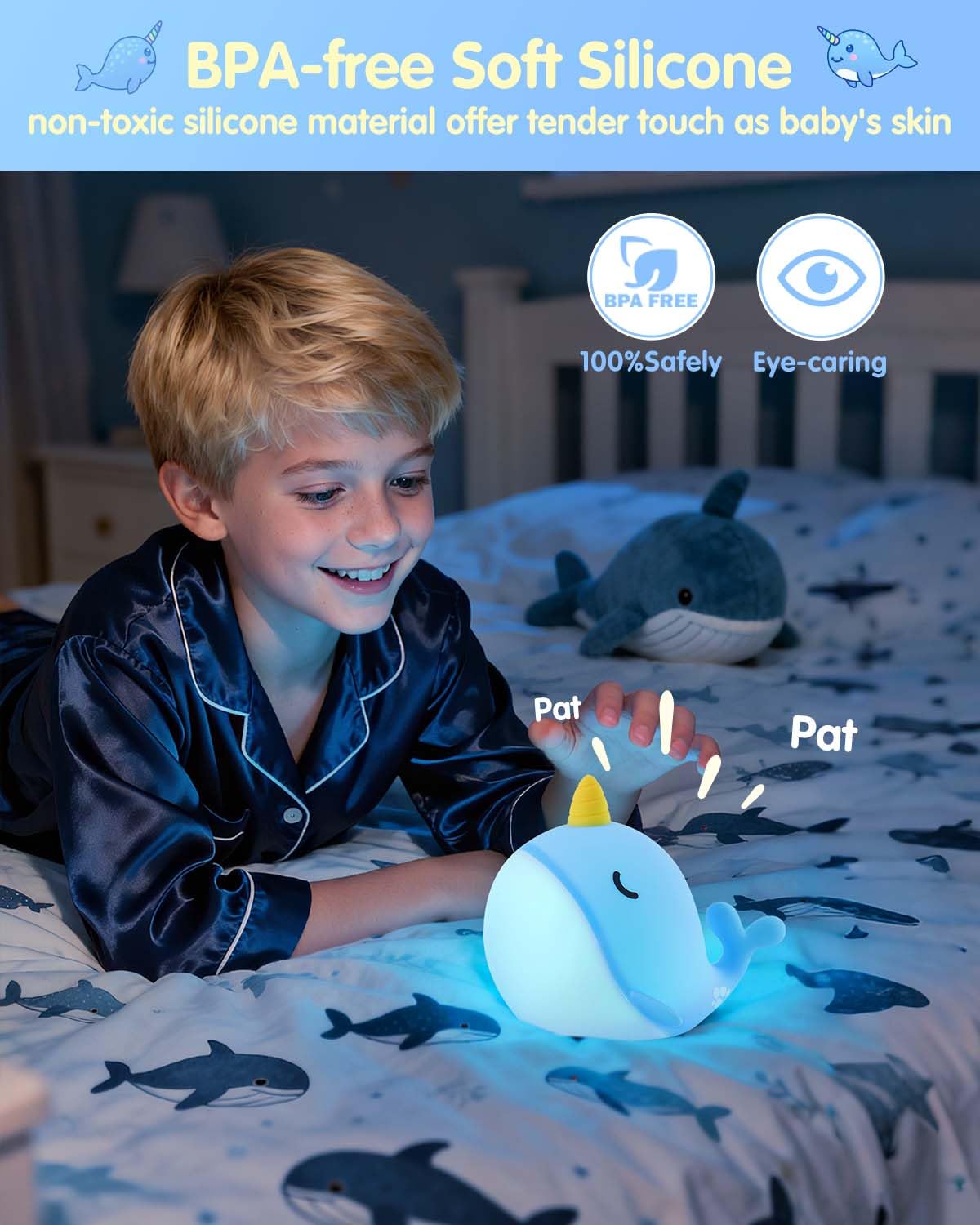 Fuloon Narwhal Night Light - Squishy Silicone Kids Lamp, USB-C Rechargeable, Blue, Small, Model DH-BFLD30