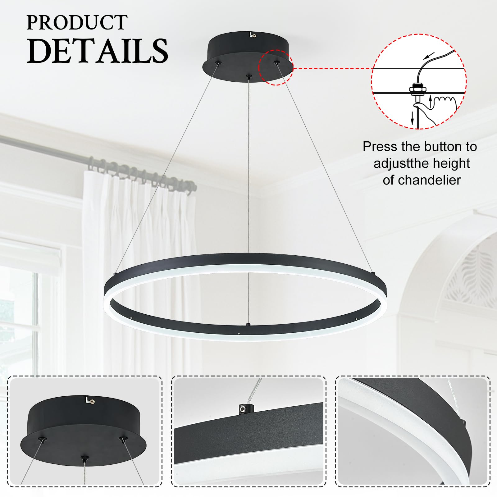 Sparklelf Modern Led Pendant Lighting 24 Ring Chandelier Black Dimmable Led Chandelier For Dining Room 36W Adjustable Pendant Light Fixture For Living Room Bedroom Home Office Foyer  3000-6500K