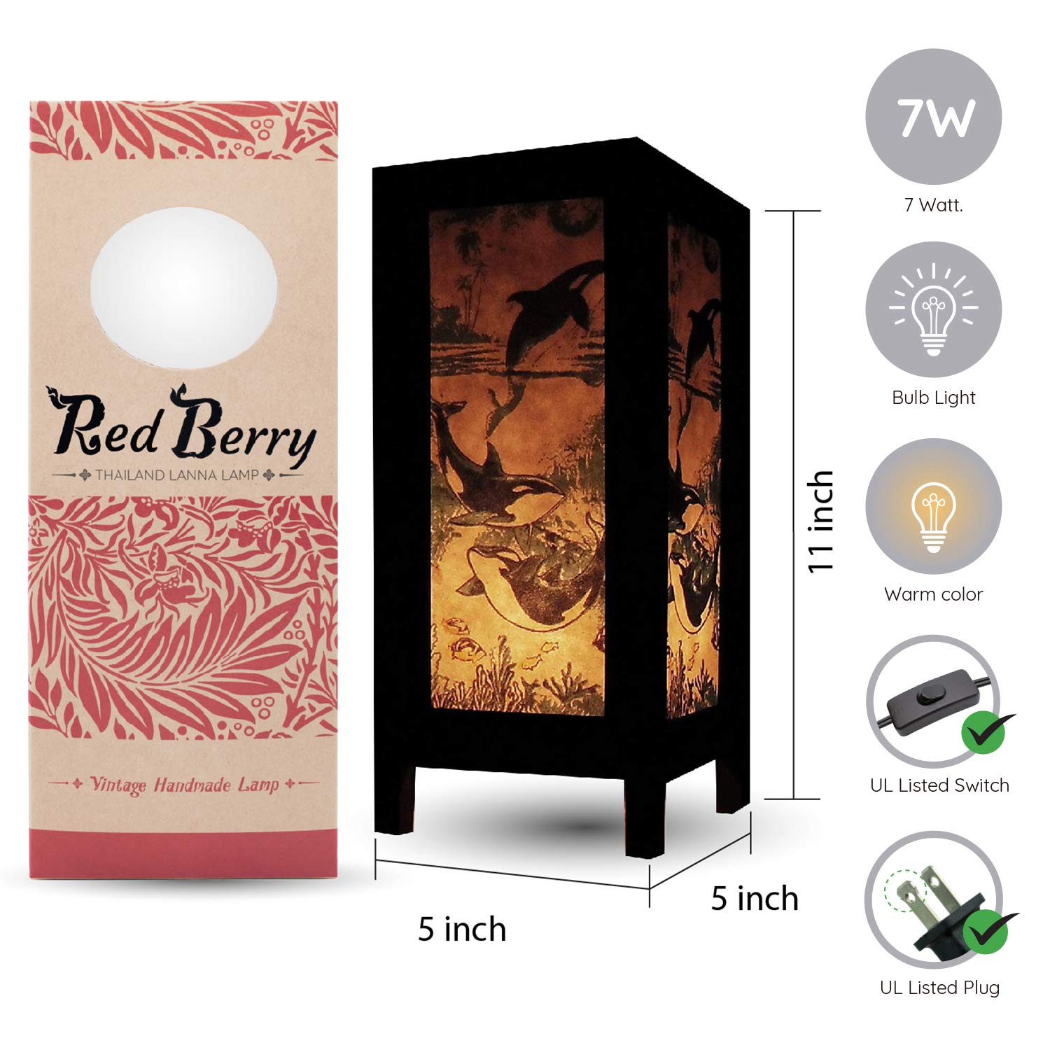 Red Berry Thailand Lanna Lamp - Japanese Bedside Lamp, Asian Decorative Table Lamp, Red Paper Design, Perfect for Nightstands