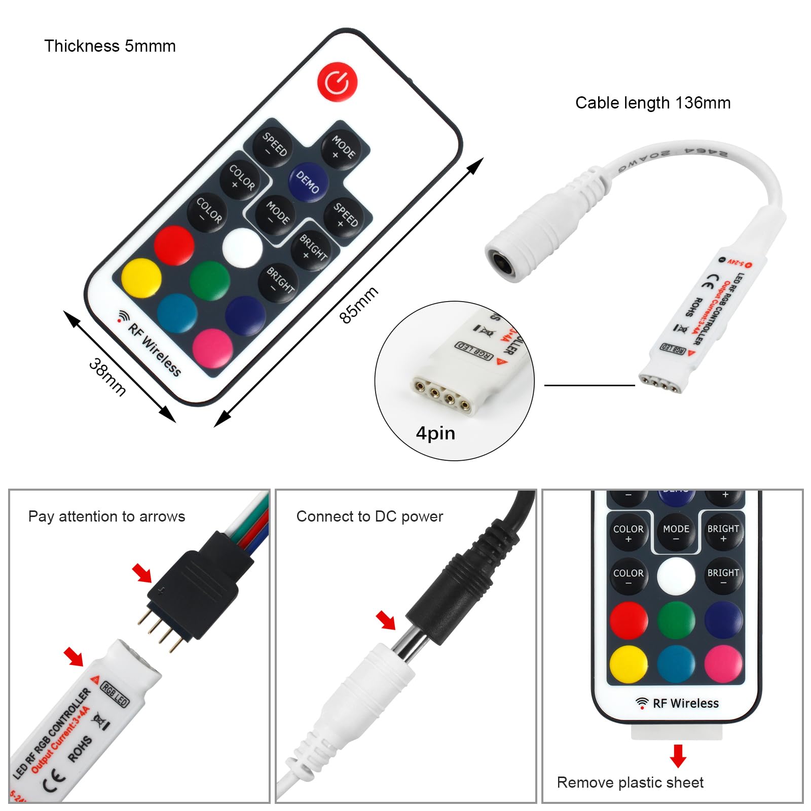 VIPMOON 17-Key RF Wireless Remote LED Controller, DC 5V-24V, 12A Mini RGB Controller, Model MT-RF11K6A