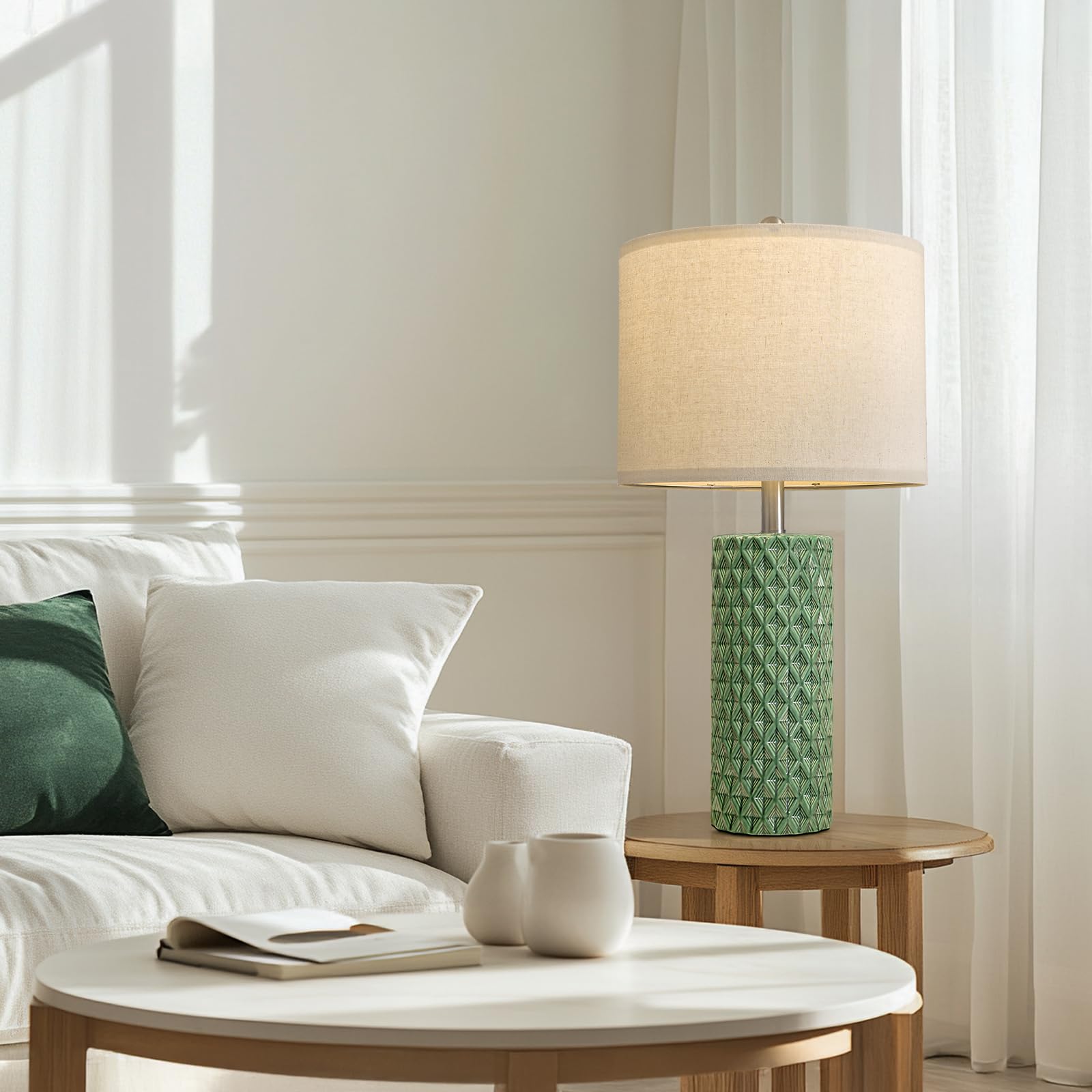 USumkky 26" Tall Ceramic Table Lamp Set of 2 - Modern Green Nightstand Lamps for Living Room, Bedroom, End Tables - Model AMZ-T1232