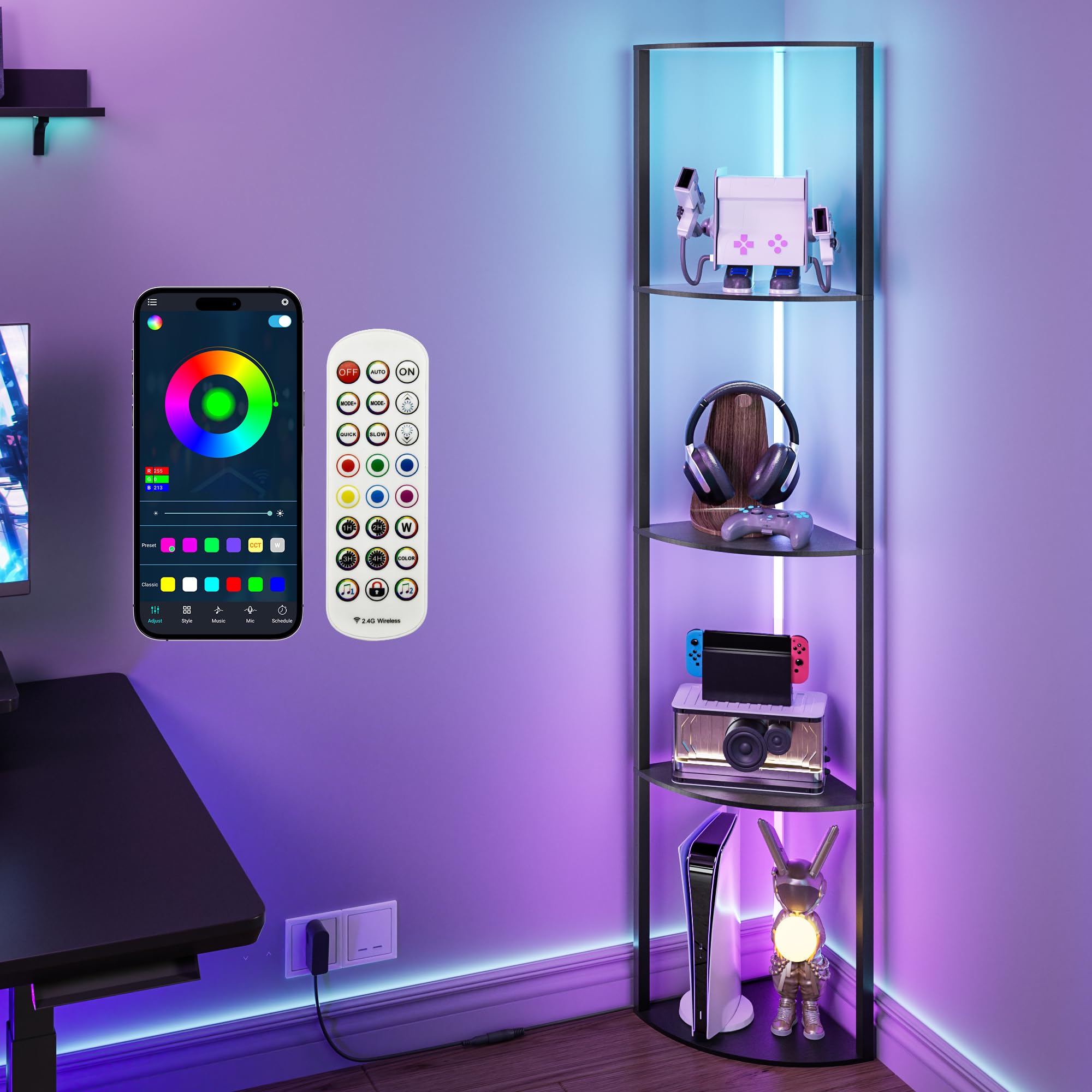 JACKYLED 5-Tier Corner Display Shelves, RGB LED Floor Lamp, 64.8in Wood Curio Cabinet, Remote/App Control, Model JKFL0512126701A