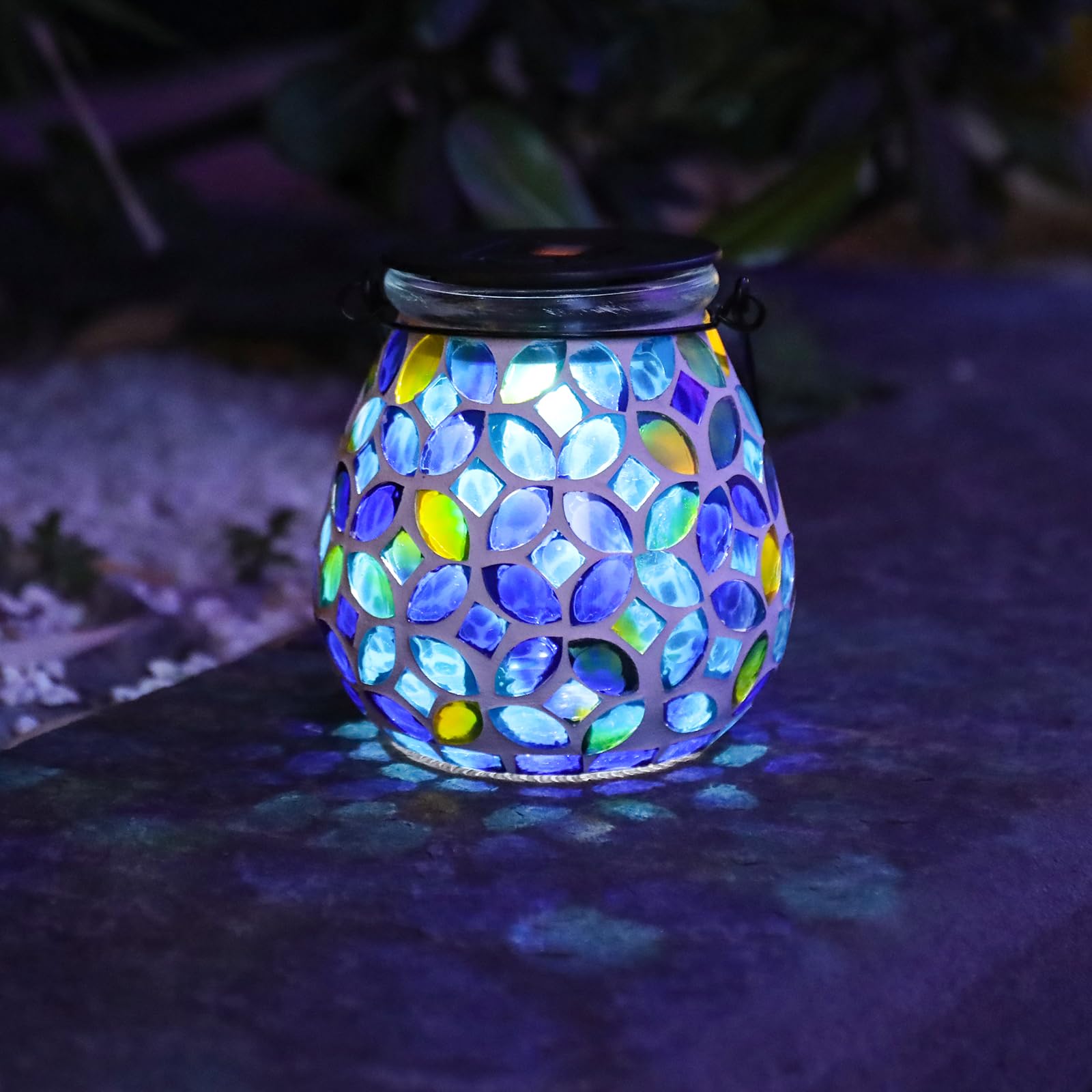 Afirst Mosaic Solar Lantern - Glass Hanging Light, Waterproof Table Lamp for Garden & Patio, Model 5033540B, Decorative Coins Color