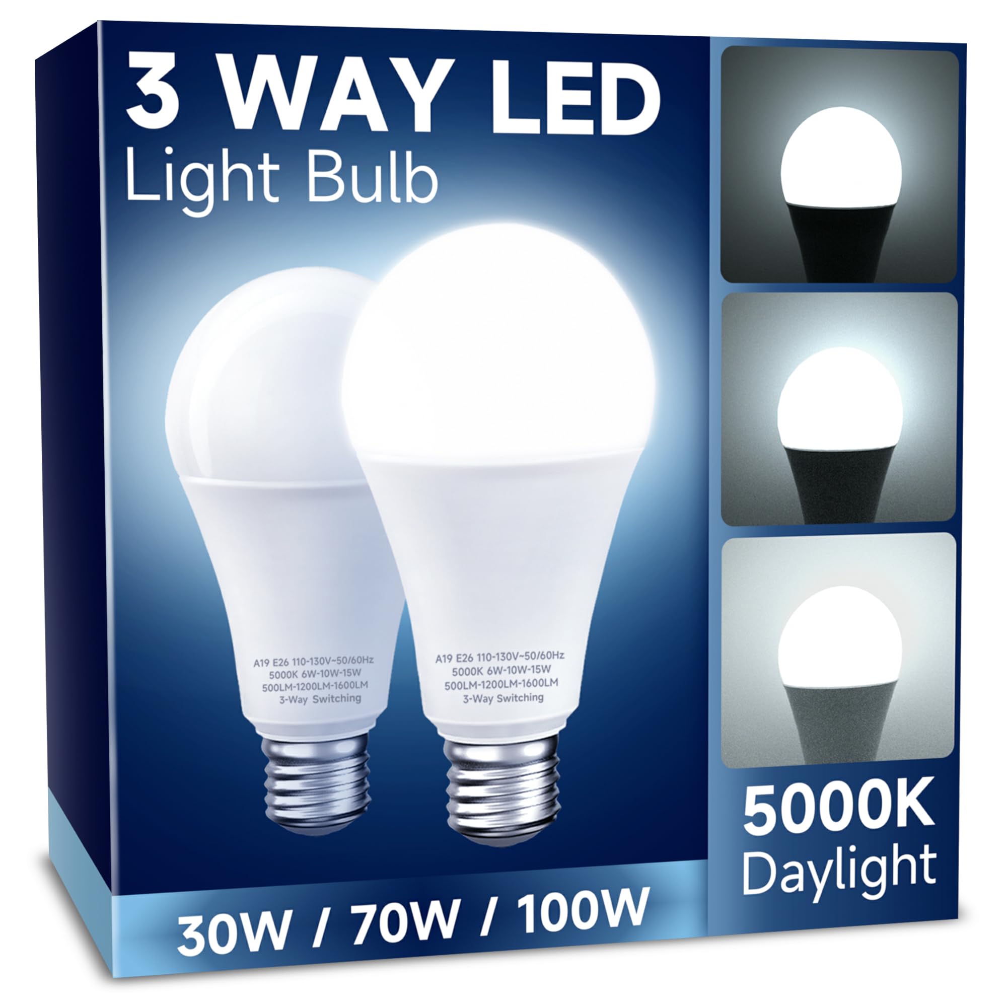 Unilamp 3 Way Led Light Bulbs, 30/70/100W Equivalent, Daylight White 5000K, A19 Three Way Light Bulbs With E26 Medium Base, 2 Pa