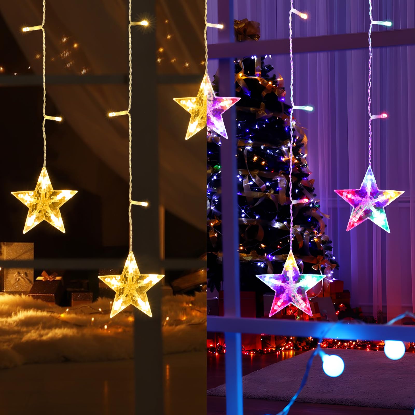 Elktry Star Christmas Decoration, 36 Leds Indoor Waterproof Warm White & Multicolor Battery Operated Star Window Lights With Timer 8 Modes Curtain String Lights Room Door Wall Home Decor (5 Stars)