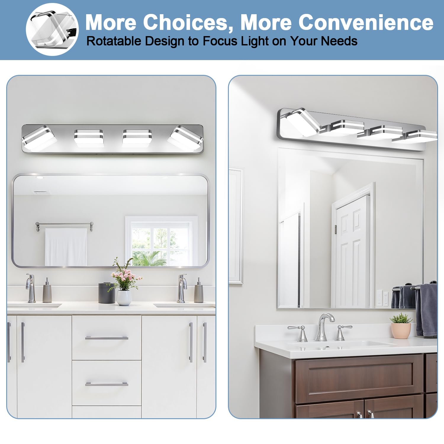 Torondo 360° Rotate LED Vanity Light Fixture, 4-Light, 27-Inch, Chrome, 5000K Natural White, Model HJ0W28-4