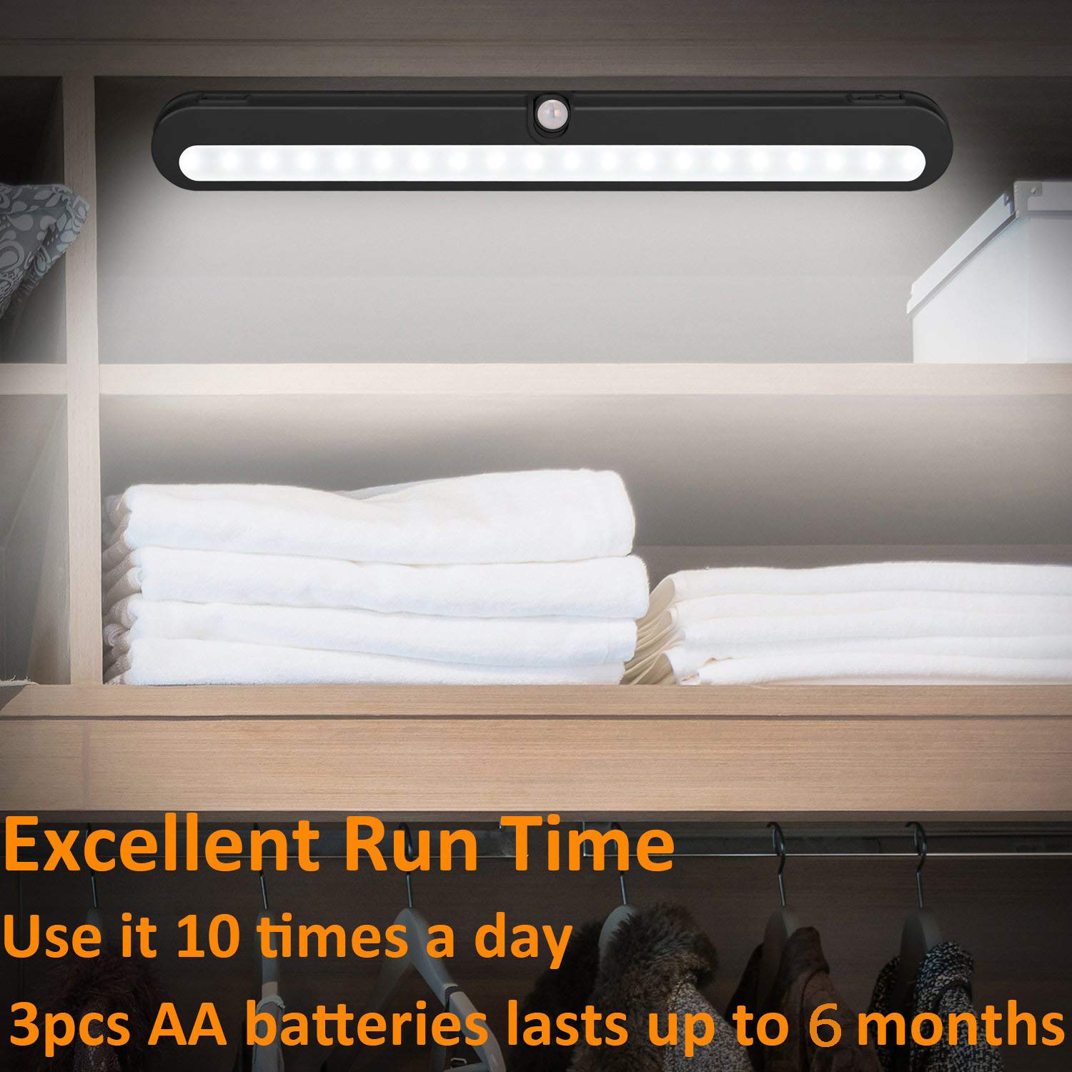 BLS LED Closet Light, 20 Motion Sensing LEDs, Battery Powered/DC, Adjustable Beam, Black, T01LB-2 Pack, 6000K Clean White