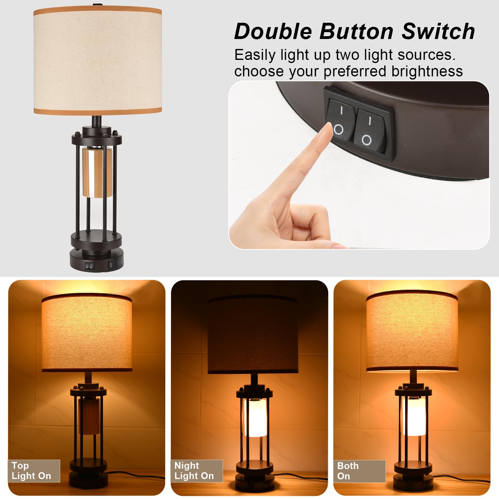 Table Lamps For Living Room, 27'' Tall Lamps Set Of 2 With Usb C+A Charge Ports, Retro Farmhouse Table Lamp For Night Stands, Ru