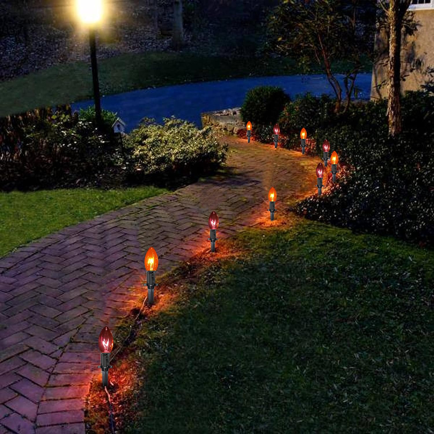 C9 Christmas Pathway Lights Outdoor, 19.5Ft Christmas Decorations Pathway String Lights With 10 C9 Orange And Black Halloween St